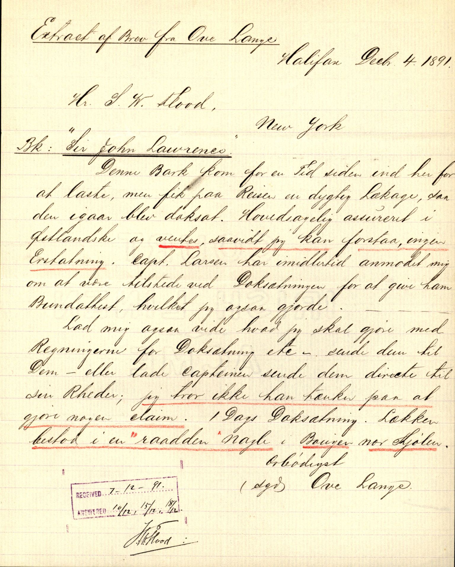 Pa 63 - Østlandske skibsassuranceforening, VEMU/A-1079/G/Ga/L0027/0002: Havaridokumenter / Jarlen, Jarl, St. Petersburg, Sir John Lawrence, Sirius, 1891, s. 78