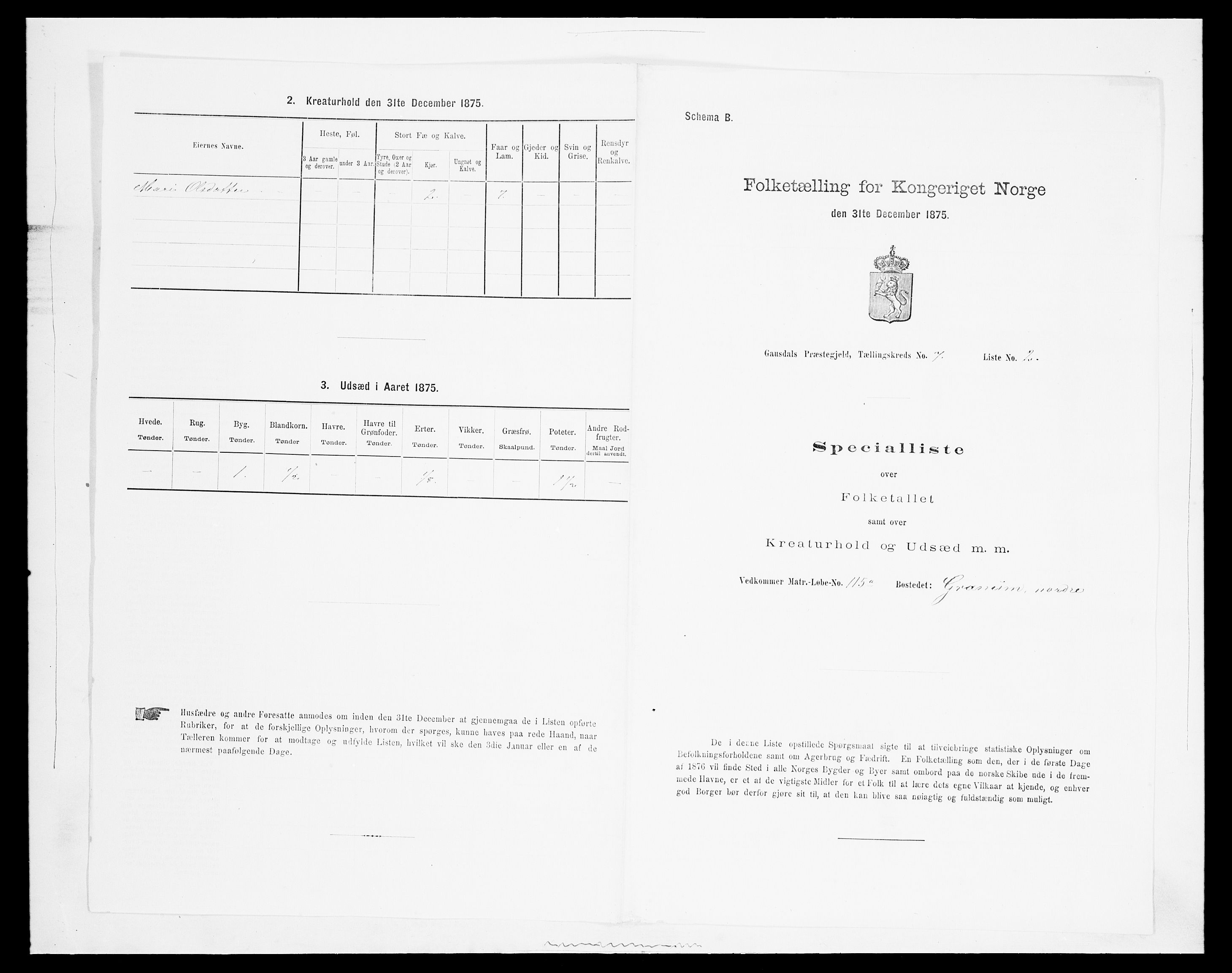 SAH, Folketelling 1875 for 0522P Gausdal prestegjeld, 1875, s. 1271