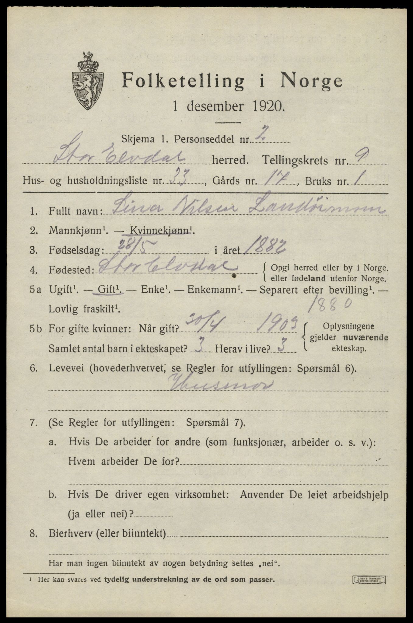 SAH, Folketelling 1920 for 0430 Stor-Elvdal herred, 1920, s. 8870