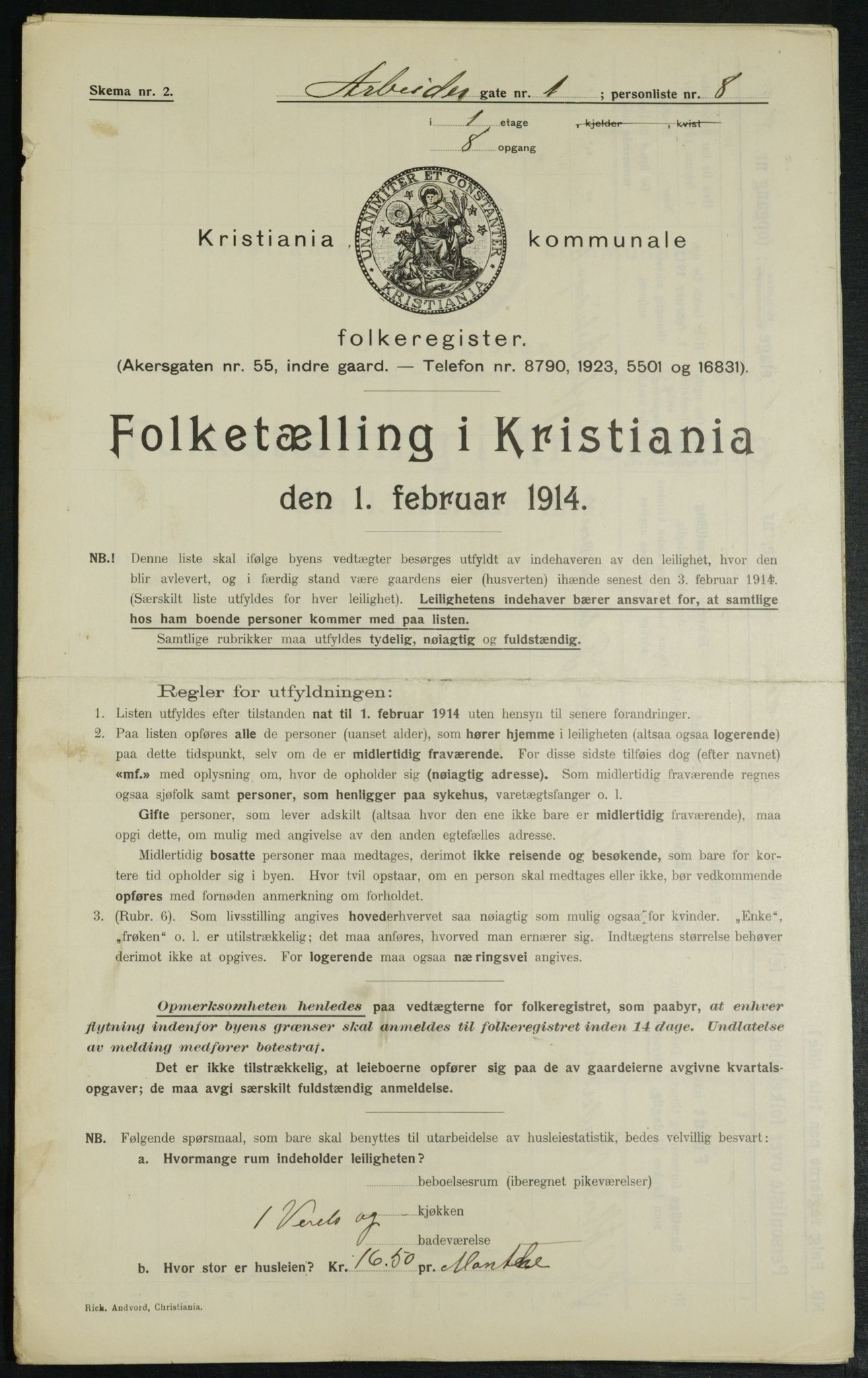 OBA, Kommunal folketelling 1.2.1914 for Kristiania, 1914, s. 1487