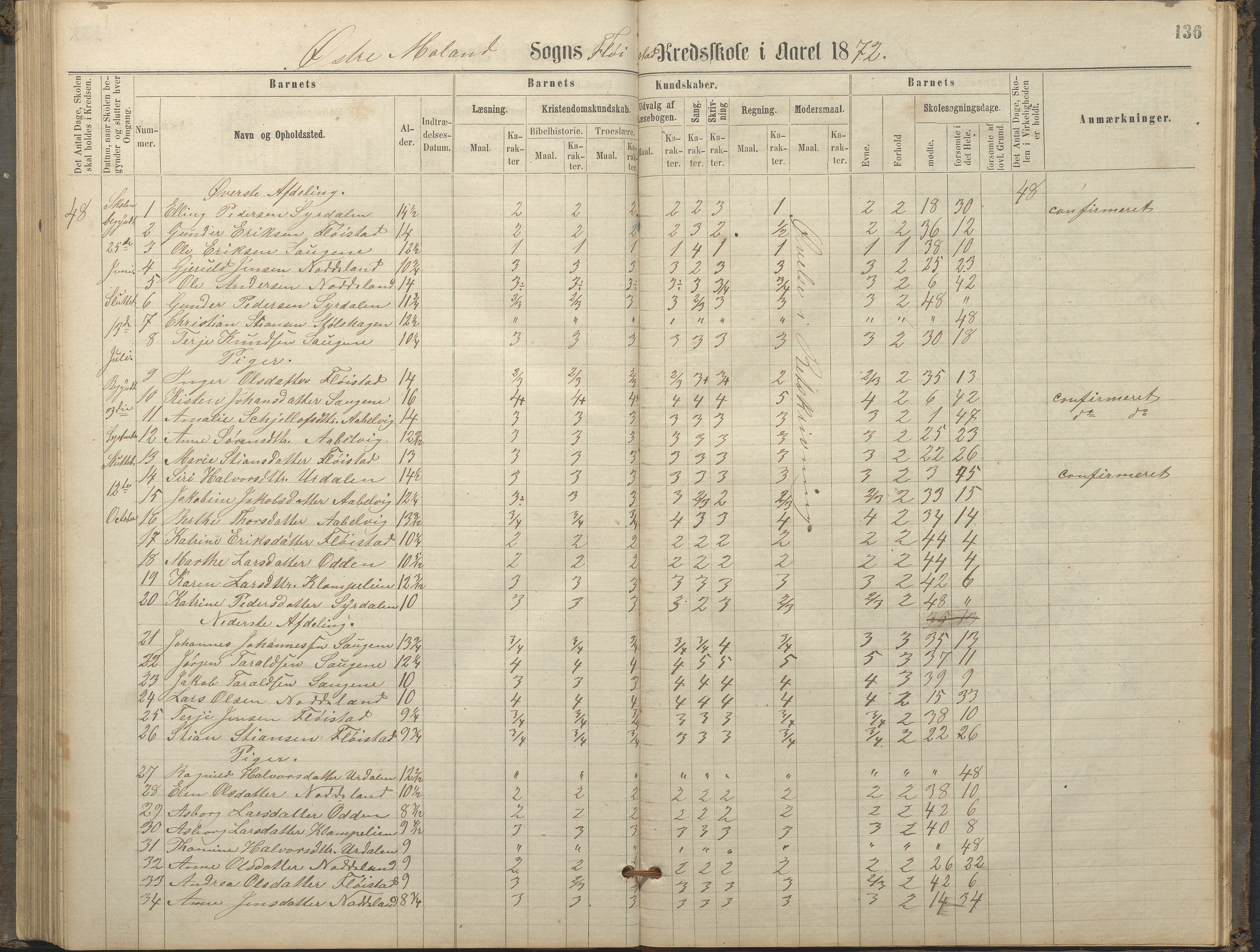 Austre Moland kommune, AAKS/KA0918-PK/09/09c/L0007: Skoleprotokoll, 1865-1881, s. 136