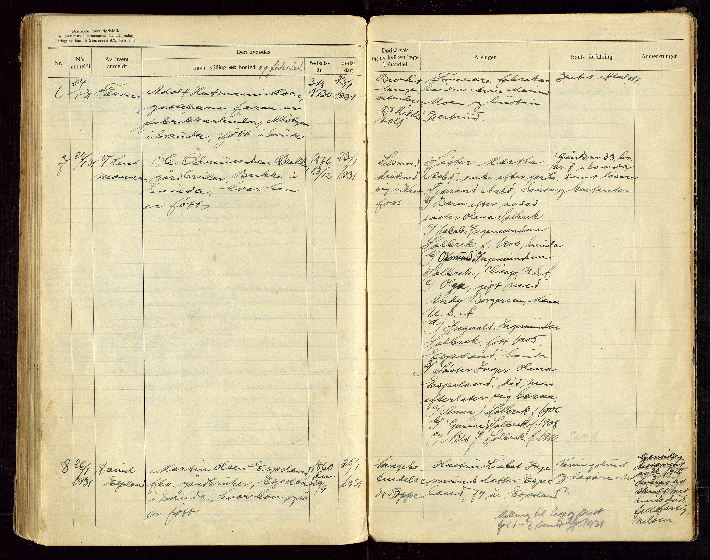 Sauda lensmannskontor, AV/SAST-A-100177/Gga/L0002: "Protokoll over anmeldte dødsfall i Sauda lensmannsdistrikt", 1924-1931