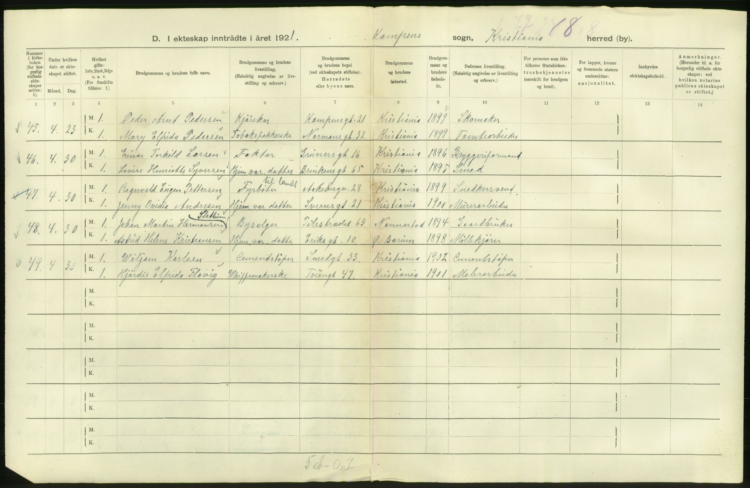 Statistisk sentralbyrå, Sosiodemografiske emner, Befolkning, AV/RA-S-2228/D/Df/Dfc/Dfca/L0011: Kristiania: Gifte, 1921, s. 762