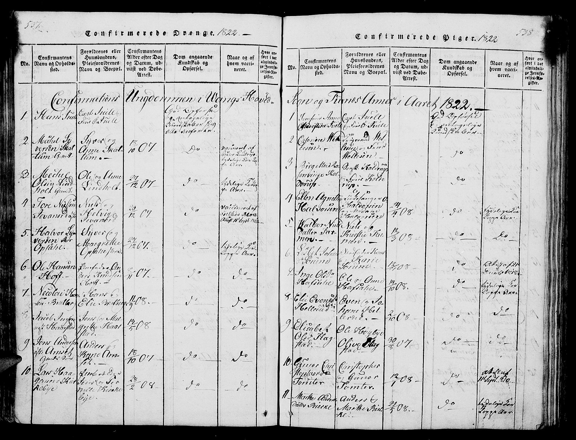 Vang prestekontor, Hedmark, AV/SAH-PREST-008/H/Ha/Hab/L0004: Klokkerbok nr. 4, 1813-1827, s. 537-538