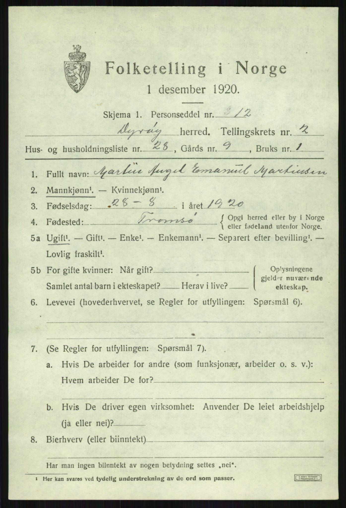 SATØ, Folketelling 1920 for 1926 Dyrøy herred, 1920, s. 1627