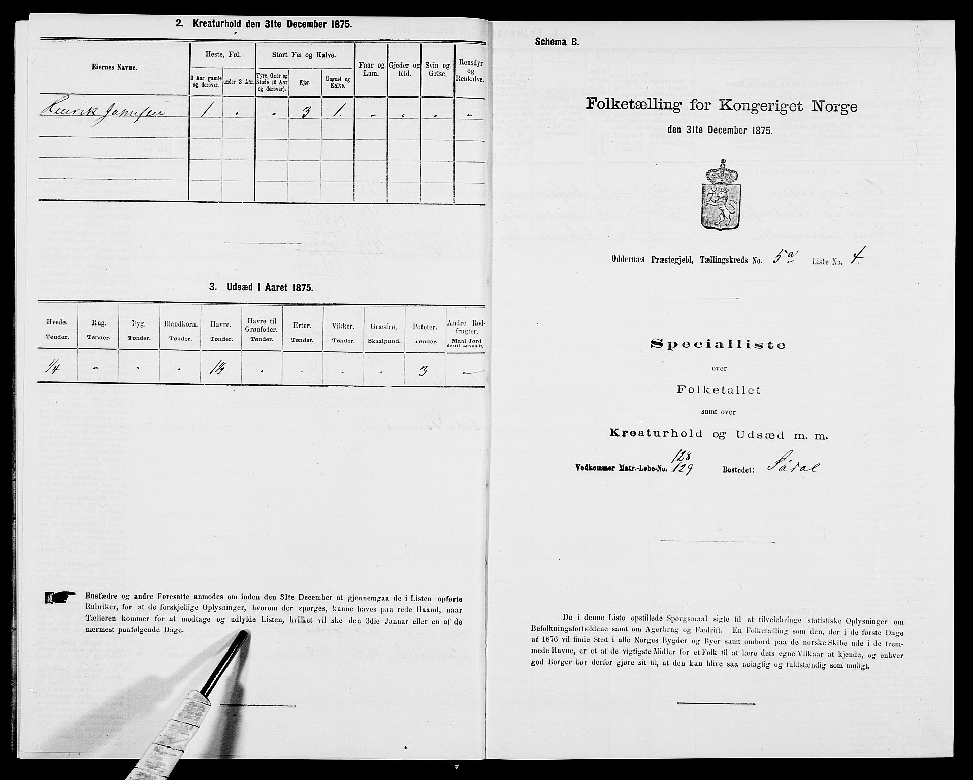 SAK, Folketelling 1875 for 1012P Oddernes prestegjeld, 1875, s. 731