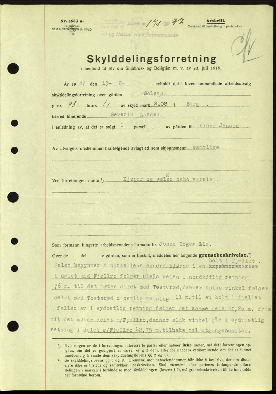 Idd og Marker sorenskriveri, AV/SAO-A-10283/G/Gb/Gbb/L0001: Pantebok nr. A1, 1936-1937, Dagboknr: 171/1937