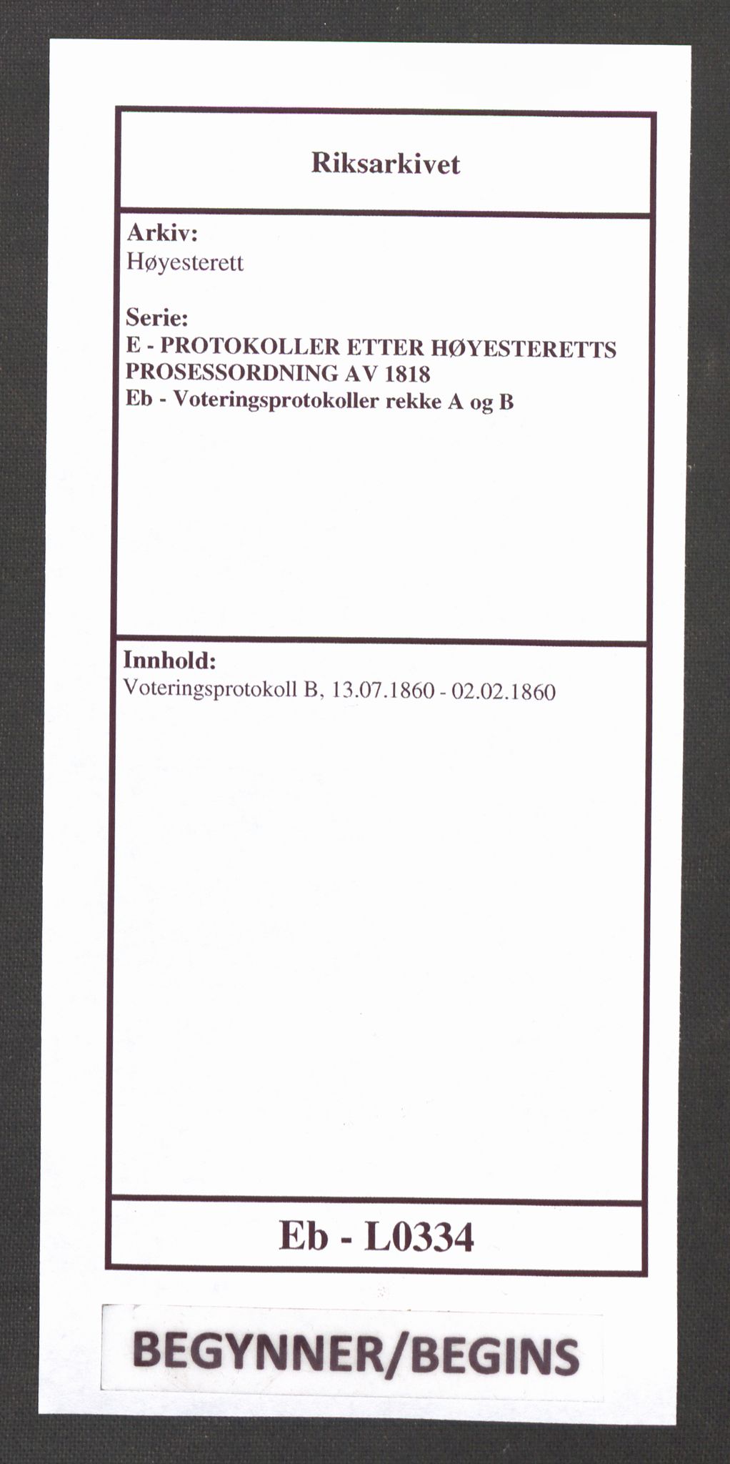 Høyesterett, RA/S-1002/E/Eb/Ebb/L0050/0002: Voteringsprotokoller / Voteringsprotokoll, 1860-1861