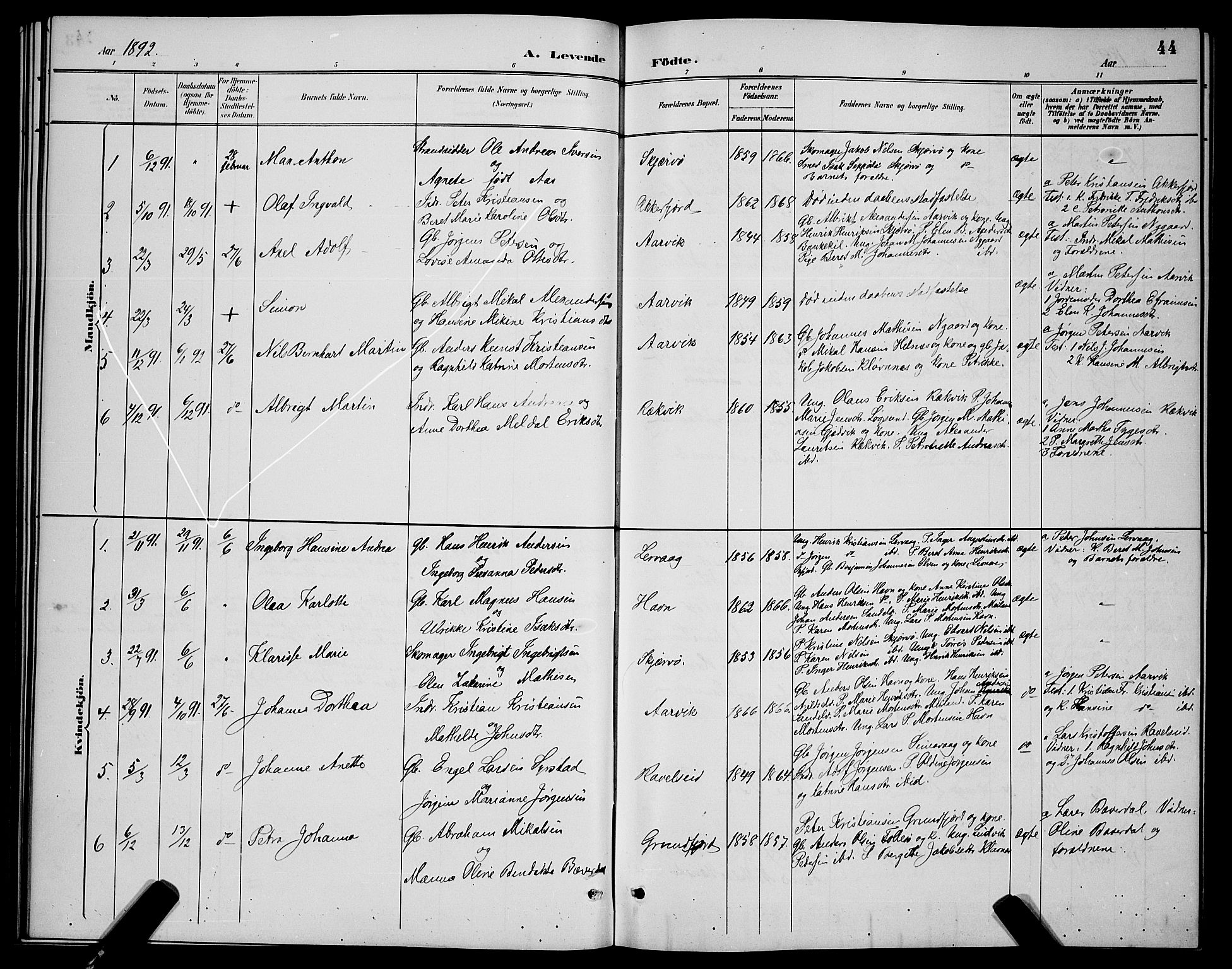 Skjervøy sokneprestkontor, AV/SATØ-S-1300/H/Ha/Hab/L0007klokker: Klokkerbok nr. 7, 1889-1899, s. 44