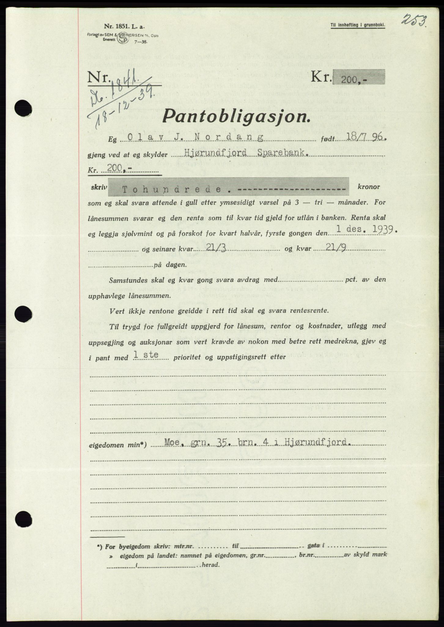 Søre Sunnmøre sorenskriveri, SAT/A-4122/1/2/2C/L0069: Pantebok nr. 63, 1939-1940, Dagboknr: 1841/1939