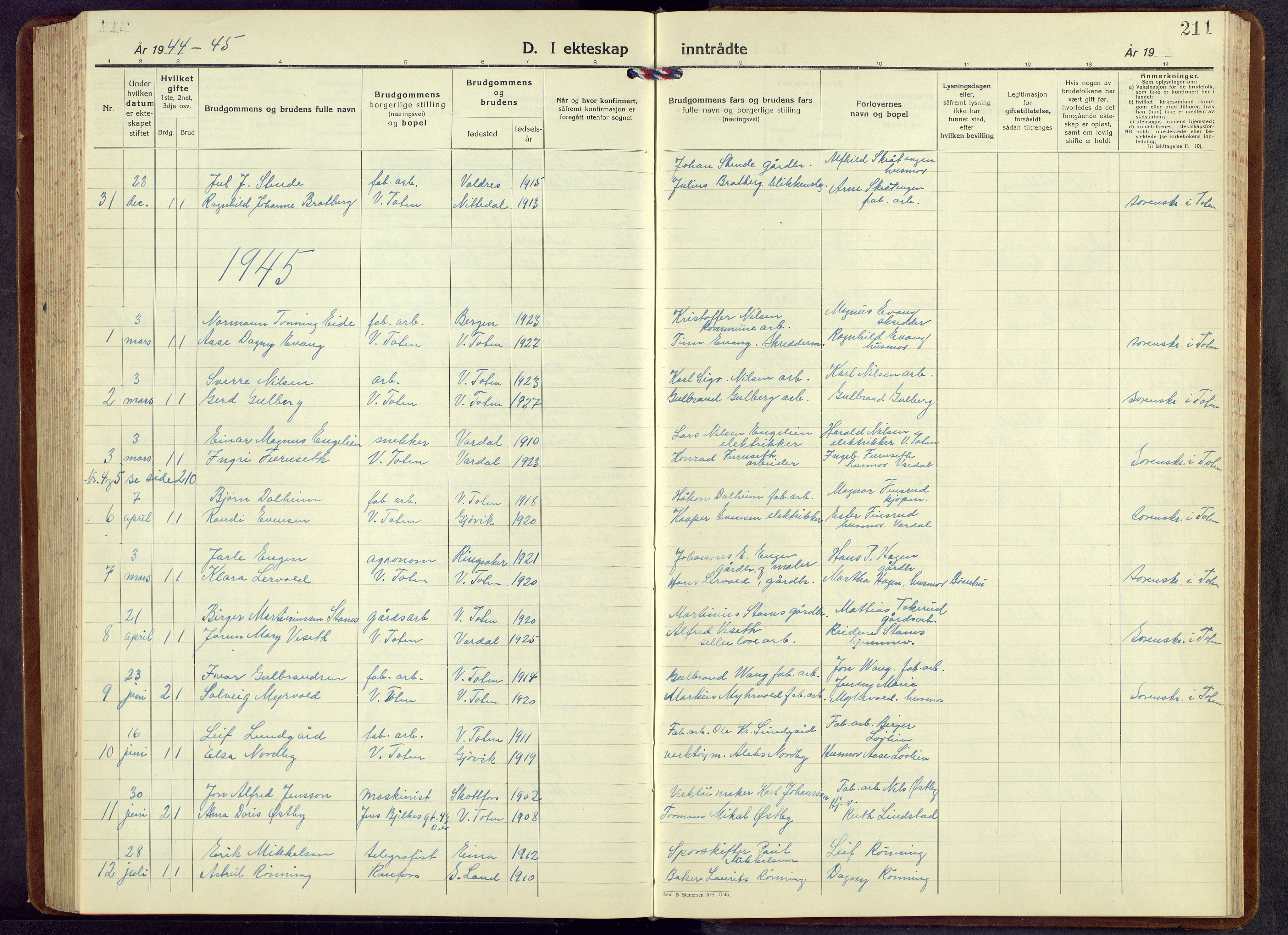 Vestre Toten prestekontor, SAH/PREST-108/H/Ha/Hab/L0013: Klokkerbok nr. 13, 1940-1956, s. 211