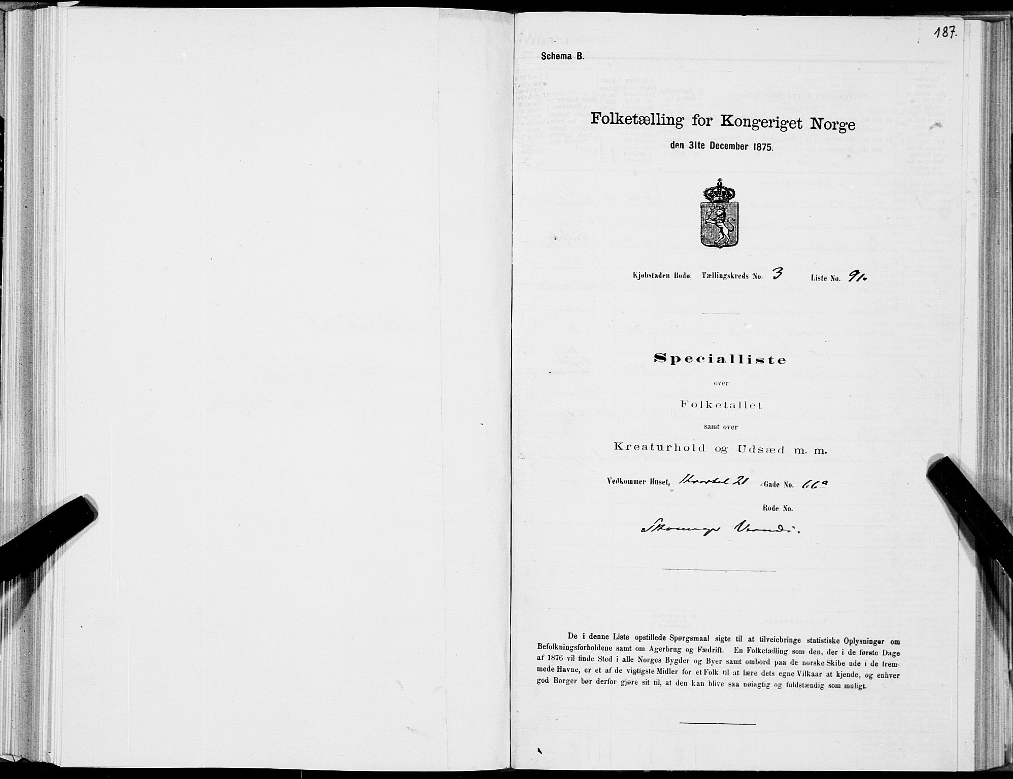 SAT, Folketelling 1875 for 1804B Bodø prestegjeld, Bodø kjøpstad, 1875, s. 187