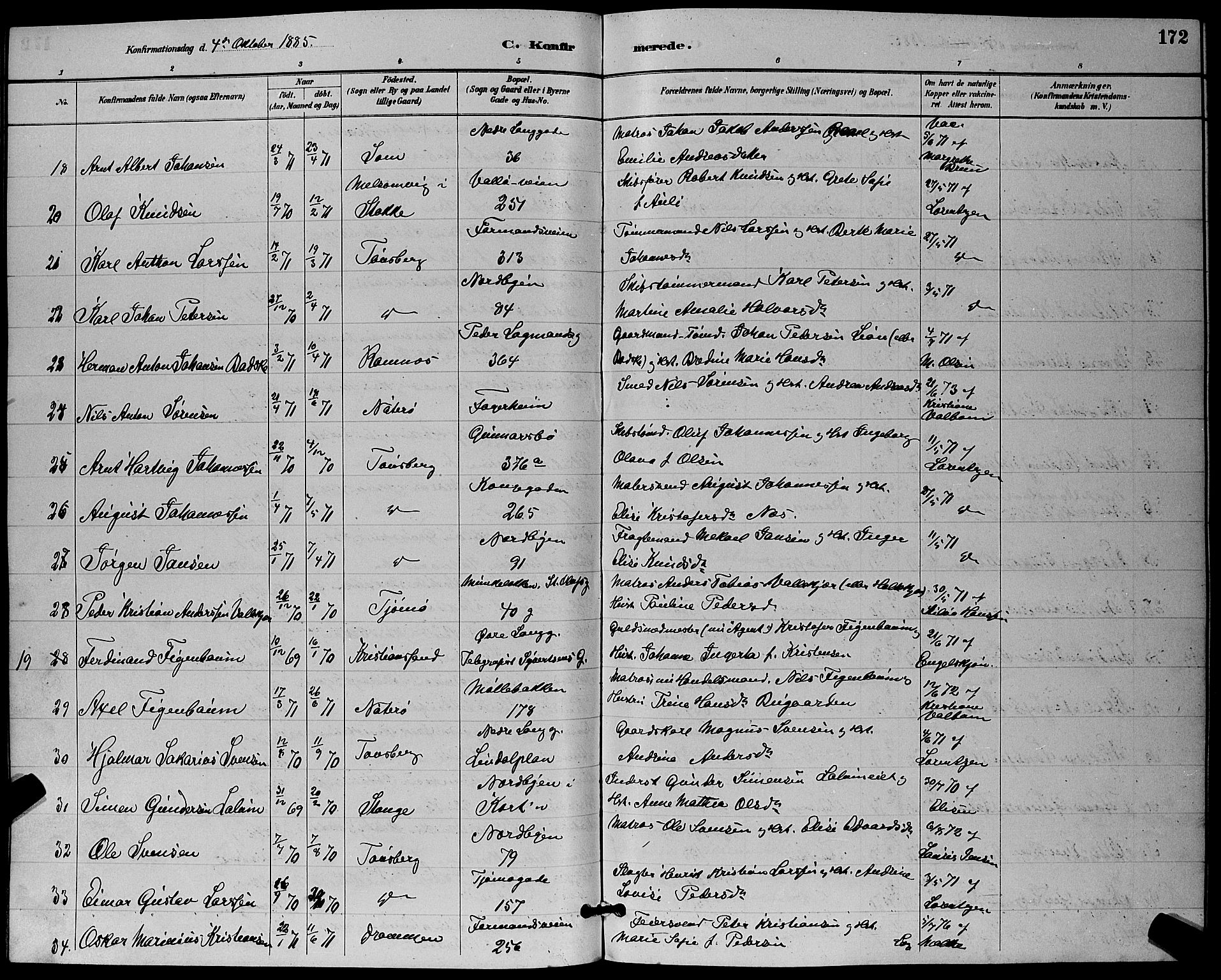 Tønsberg kirkebøker, AV/SAKO-A-330/G/Ga/L0006: Klokkerbok nr. 6, 1885-1895, s. 172