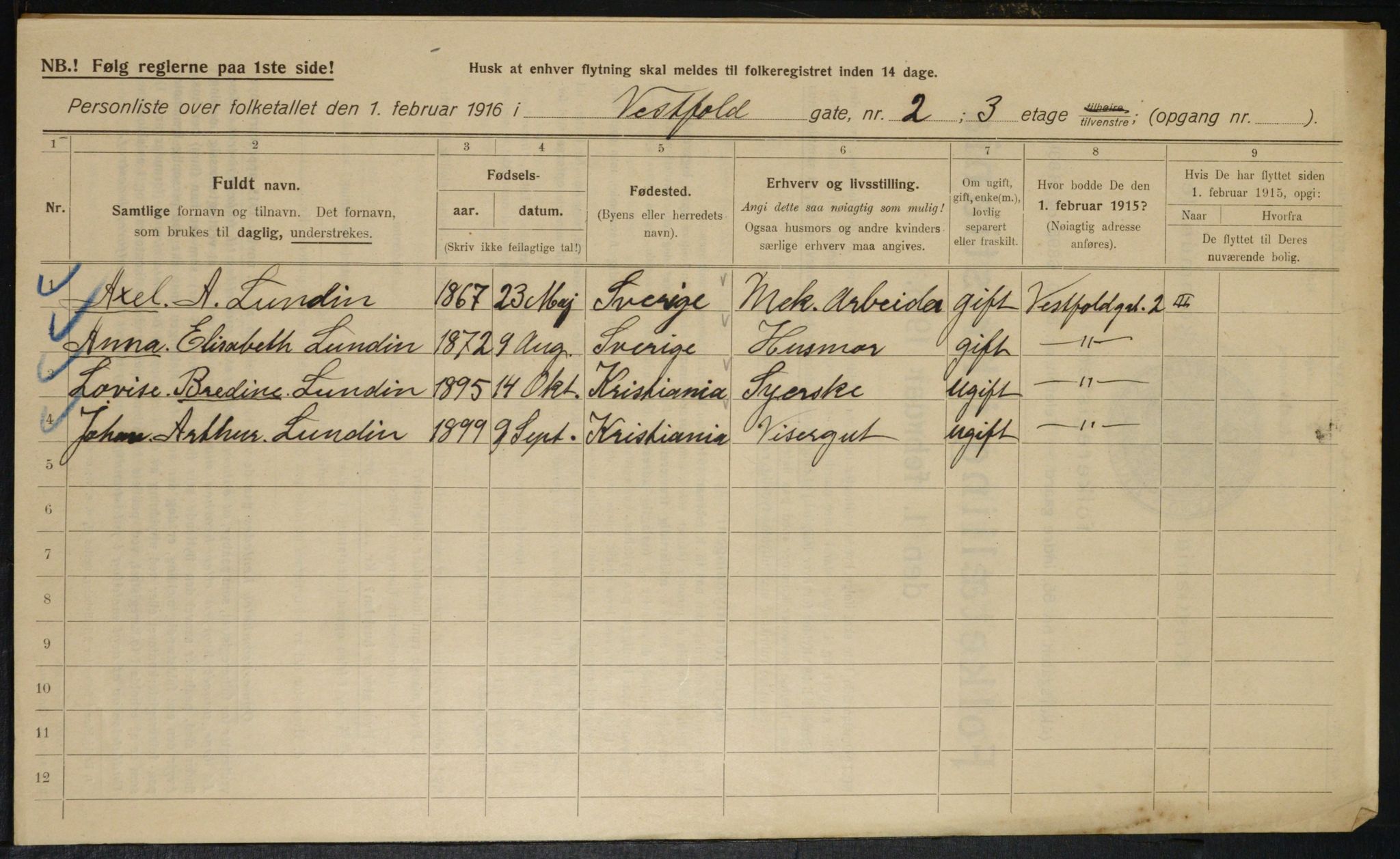 OBA, Kommunal folketelling 1.2.1916 for Kristiania, 1916, s. 126156