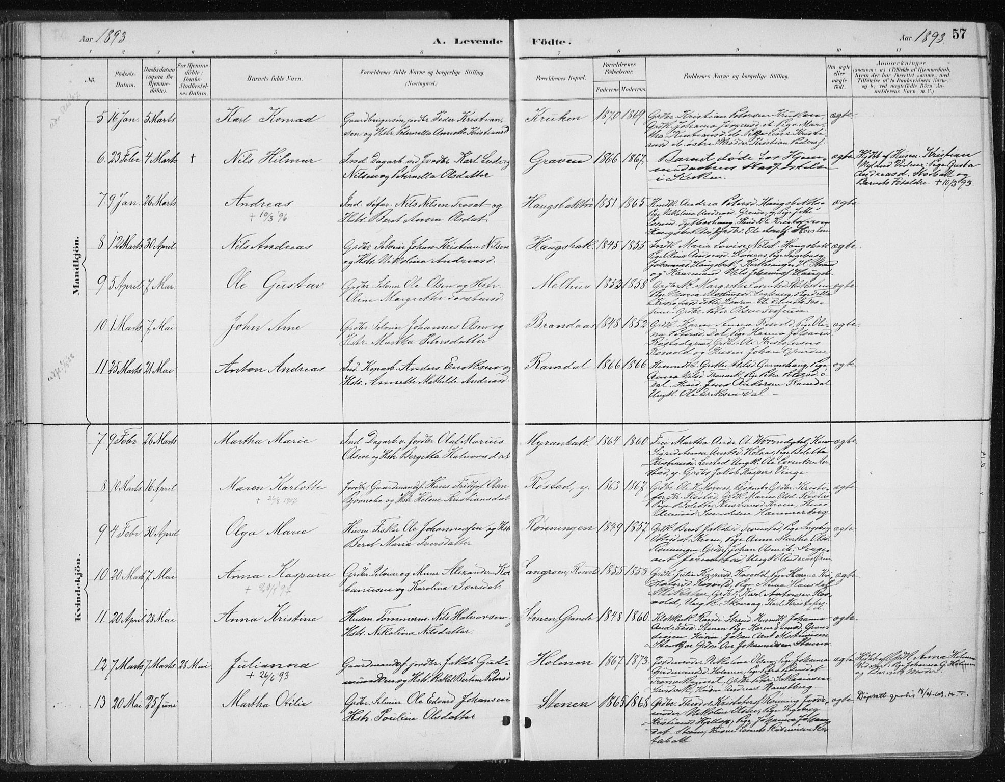 Ministerialprotokoller, klokkerbøker og fødselsregistre - Nord-Trøndelag, SAT/A-1458/701/L0010: Ministerialbok nr. 701A10, 1883-1899, s. 57