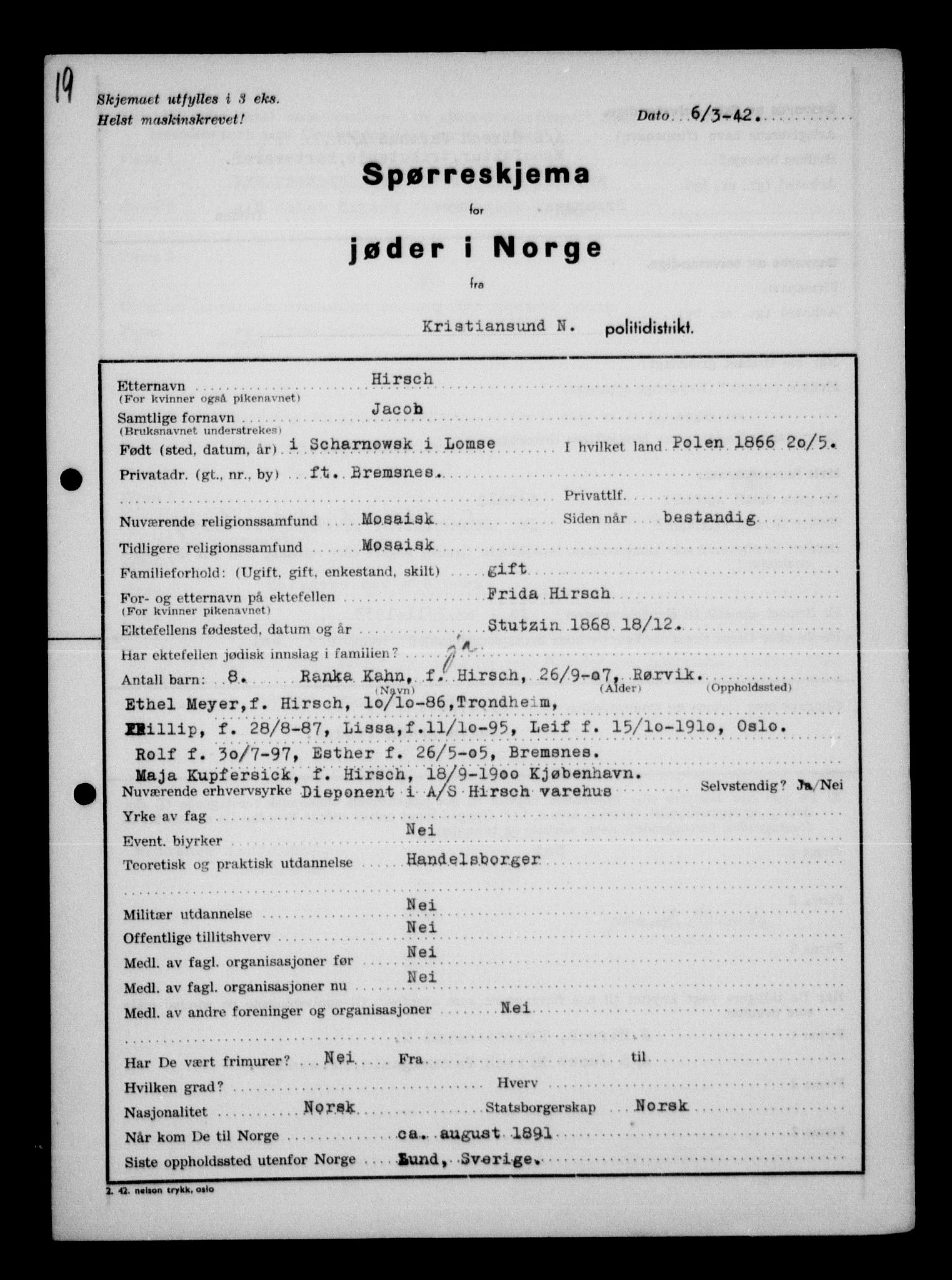 Statspolitiet - Hovedkontoret / Osloavdelingen, AV/RA-S-1329/G/Ga/L0012: Spørreskjema for jøder i Norge. 1: Aker 114- 207 (Levinson-Wozak) og 656 (Salomon). 2: Arendal-Hordaland. 3: Horten-Romerike.  , 1942, s. 676