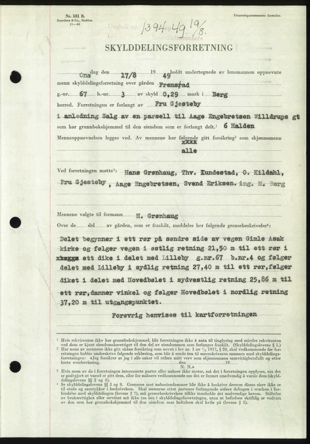 Idd og Marker sorenskriveri, SAO/A-10283/G/Gb/Gbb/L0012: Pantebok nr. A12, 1949-1949, Dagboknr: 1394/1949