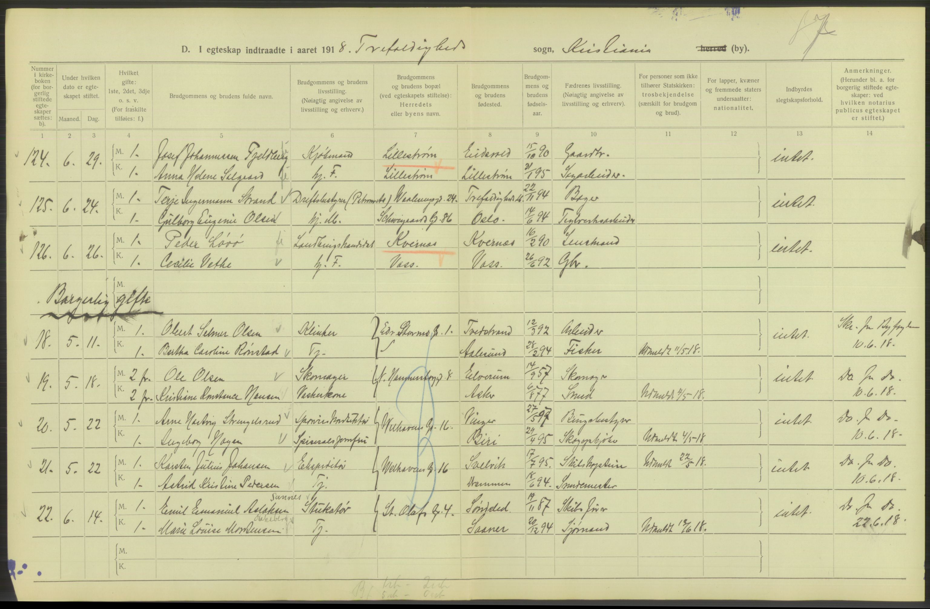 Statistisk sentralbyrå, Sosiodemografiske emner, Befolkning, AV/RA-S-2228/D/Df/Dfb/Dfbh/L0009: Kristiania: Gifte, 1918, s. 252