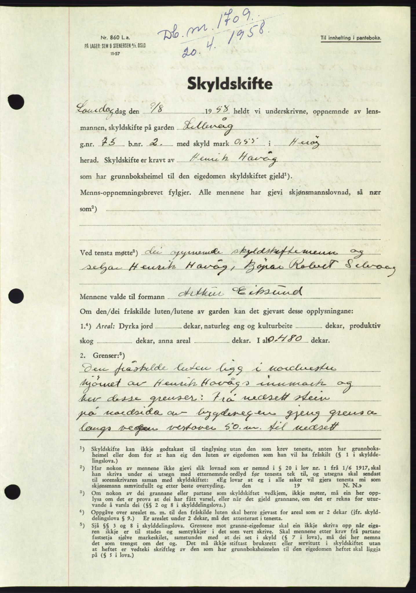 Søre Sunnmøre sorenskriveri, AV/SAT-A-4122/1/2/2C/L0110: Pantebok nr. 36A, 1958-1958, Dagboknr: 1709/1958