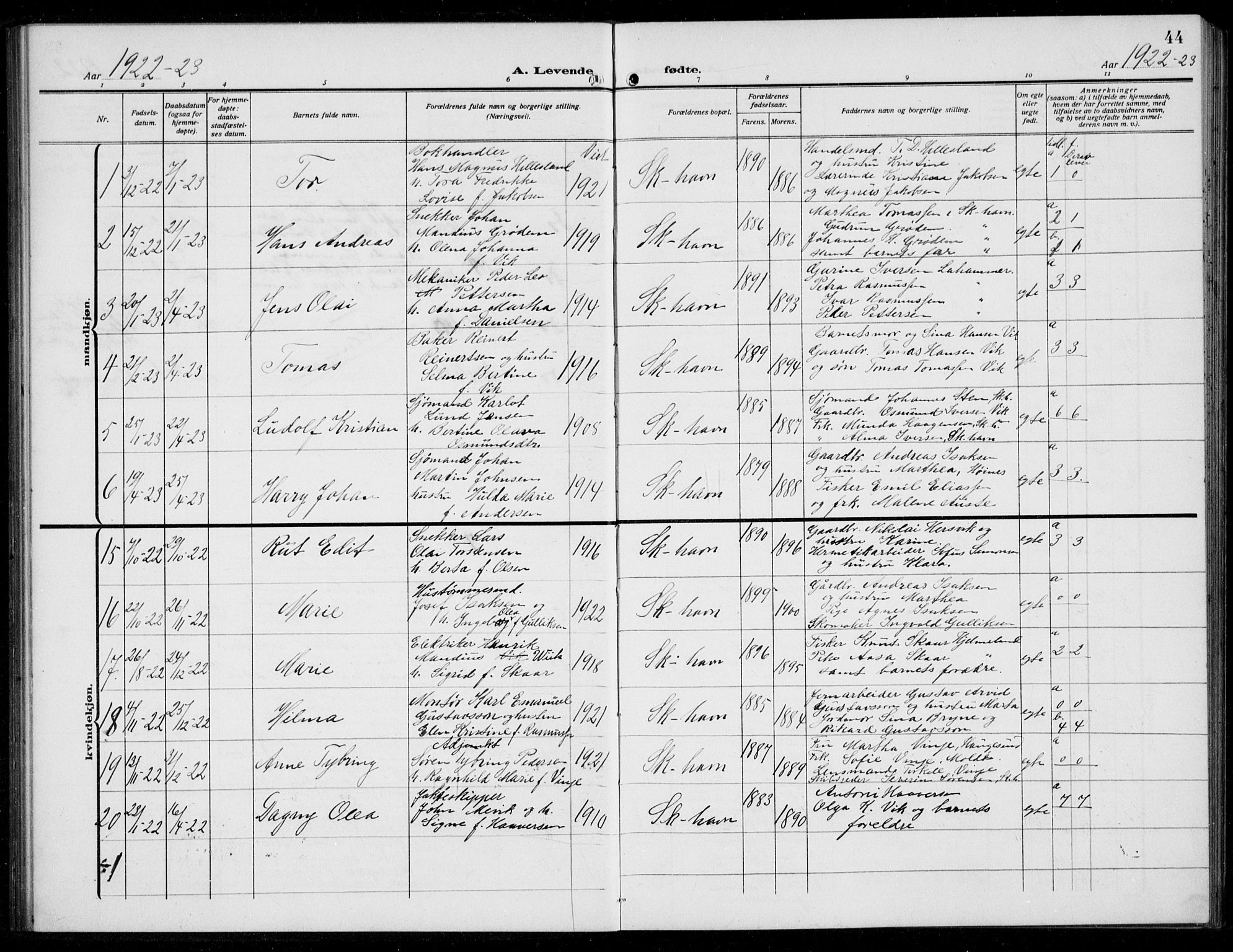 Skudenes sokneprestkontor, AV/SAST-A -101849/H/Ha/Hab/L0010: Klokkerbok nr. B 10, 1908-1936, s. 44