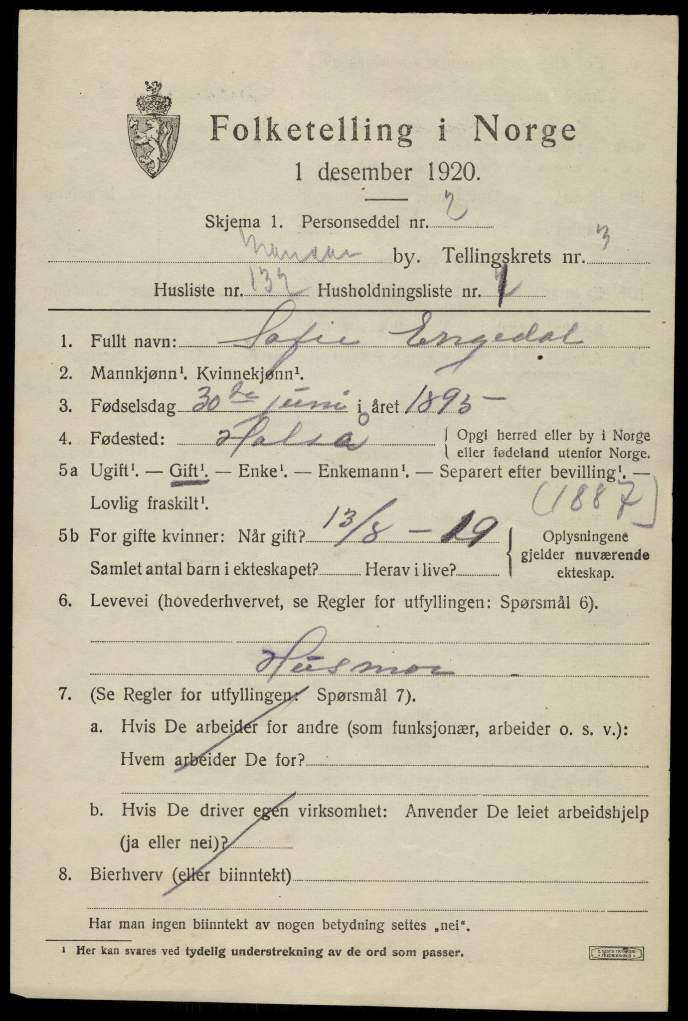 SAK, Folketelling 1920 for 1002 Mandal ladested, 1920, s. 6983