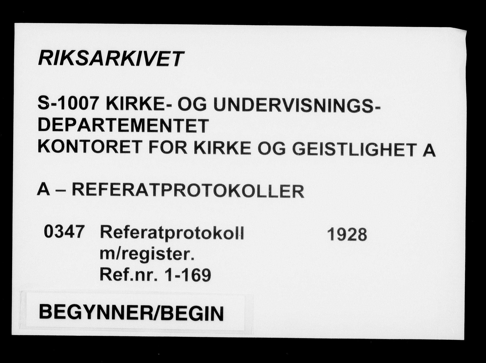 Kirke- og undervisningsdepartementet, Kontoret  for kirke og geistlighet A, AV/RA-S-1007/A/Aa/L0347: Referatprotokoll m/register. Ref.nr. 1-169, 1928