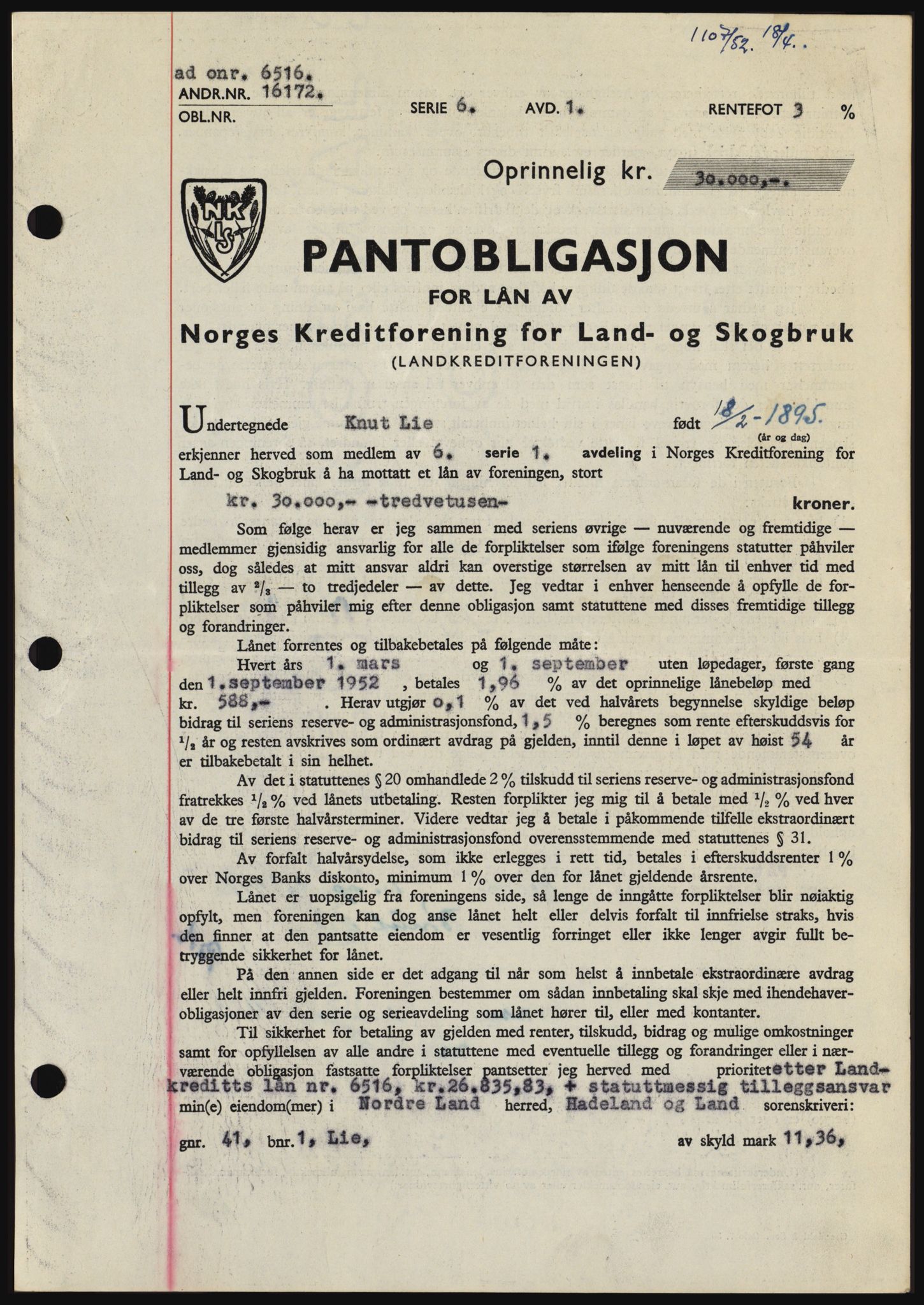 Hadeland og Land tingrett, SAH/TING-010/H/Hb/Hbc/L0023: Pantebok nr. B23, 1952-1952, Dagboknr: 1107/1952
