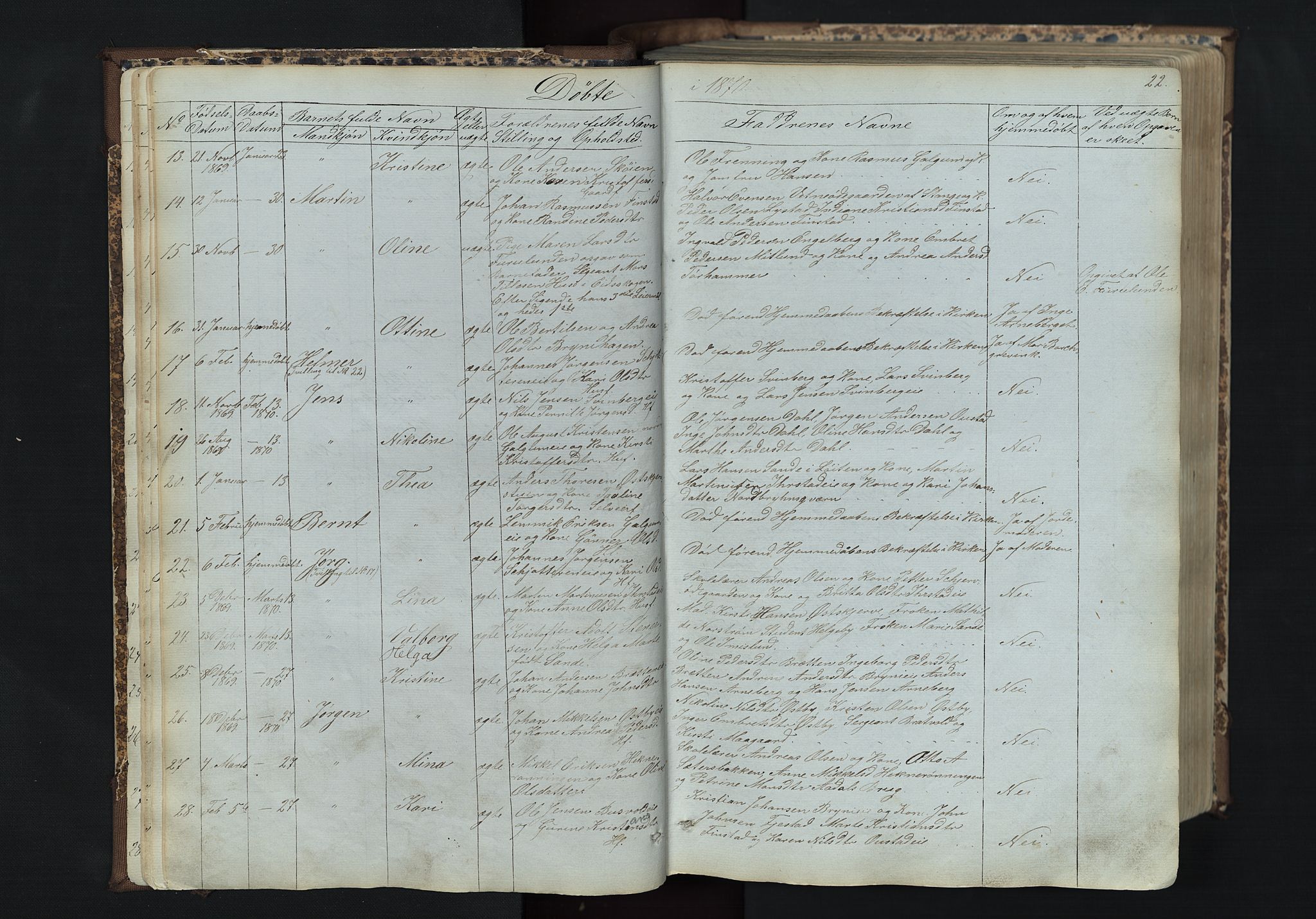 Romedal prestekontor, AV/SAH-PREST-004/L/L0011: Klokkerbok nr. 11, 1867-1895, s. 22