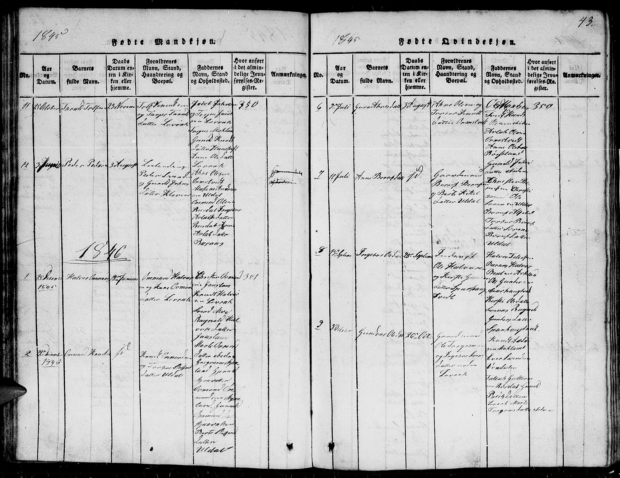 Herefoss sokneprestkontor, SAK/1111-0019/F/Fb/Fbc/L0001: Klokkerbok nr. B 1, 1816-1866, s. 43