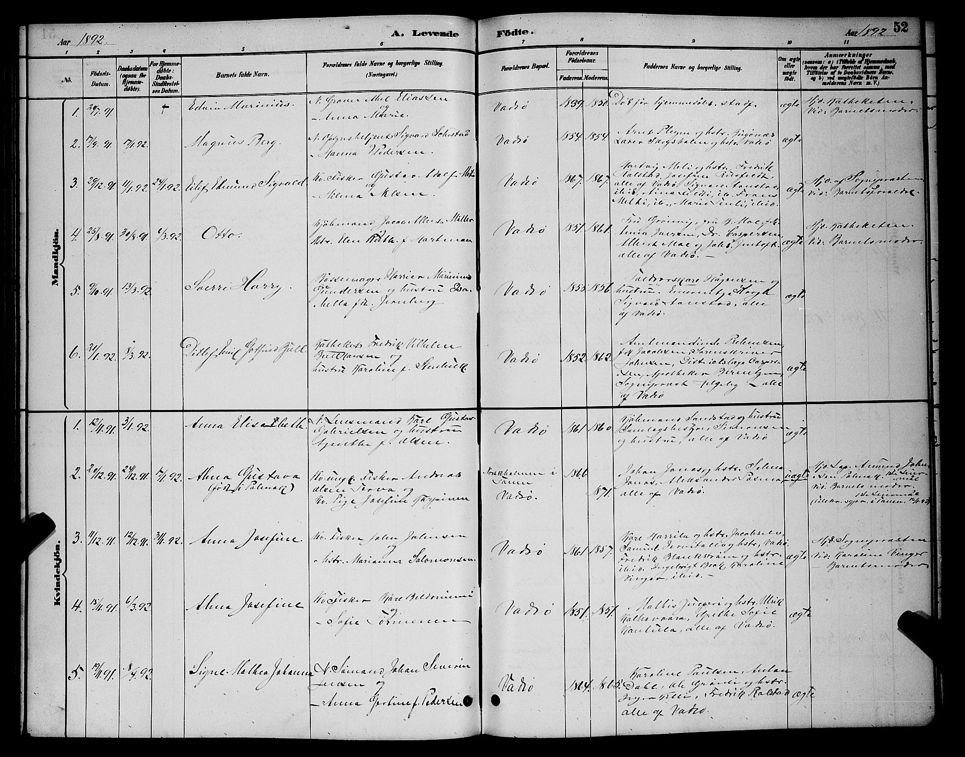 Vadsø sokneprestkontor, AV/SATØ-S-1325/H/Hb/L0004klokker: Klokkerbok nr. 4, 1885-1895, s. 52