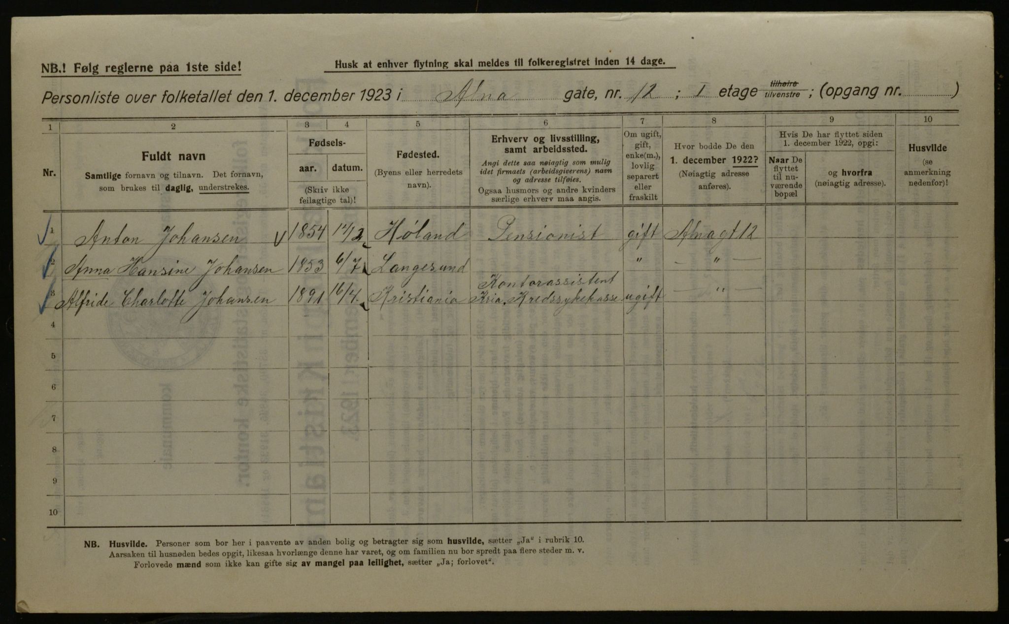 OBA, Kommunal folketelling 1.12.1923 for Kristiania, 1923, s. 1448