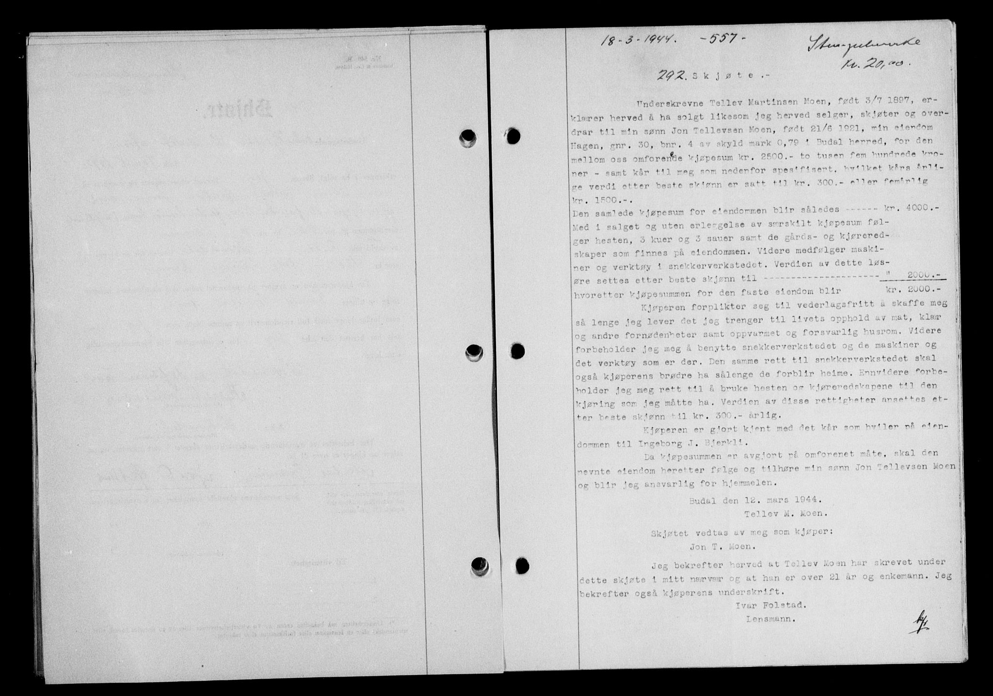 Gauldal sorenskriveri, SAT/A-0014/1/2/2C/L0057: Pantebok nr. 62, 1943-1944, Dagboknr: 292/1944