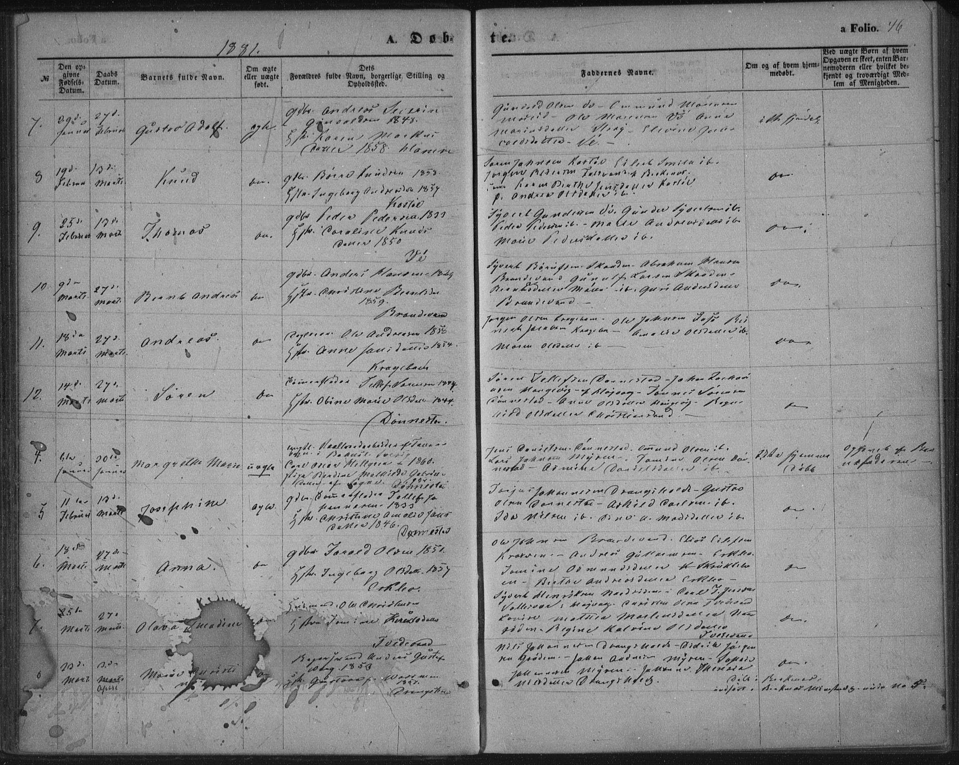 Tveit sokneprestkontor, AV/SAK-1111-0043/F/Fa/L0006: Ministerialbok nr. A 6, 1872-1886, s. 46