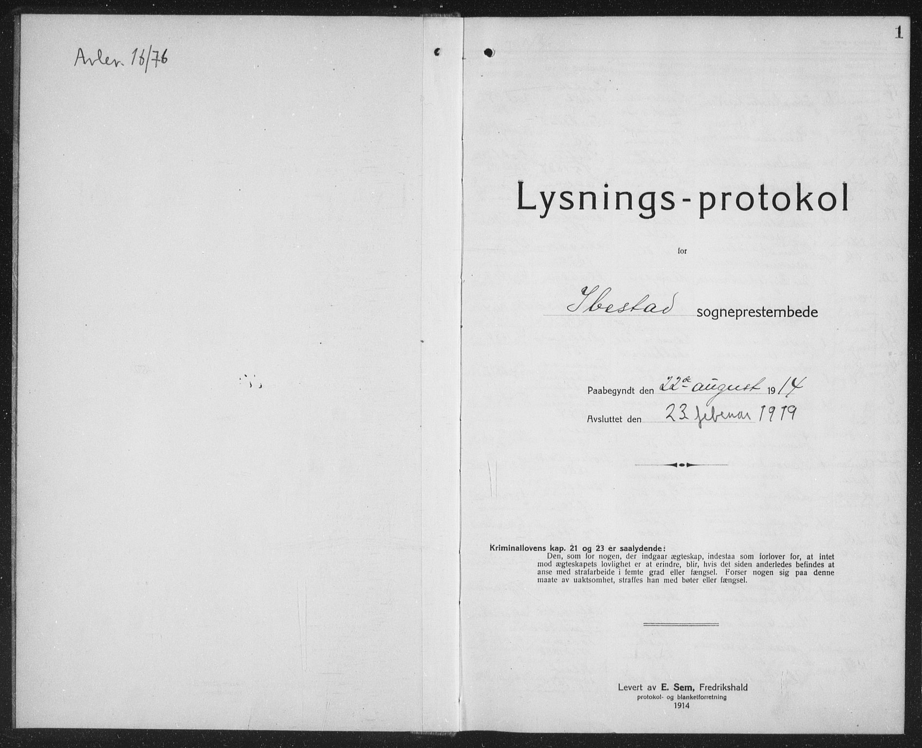 Ibestad sokneprestembete, SATØ/S-0077/I/Ie/L0067: Lysningsprotokoll nr. 67, 1914-1919, s. 1