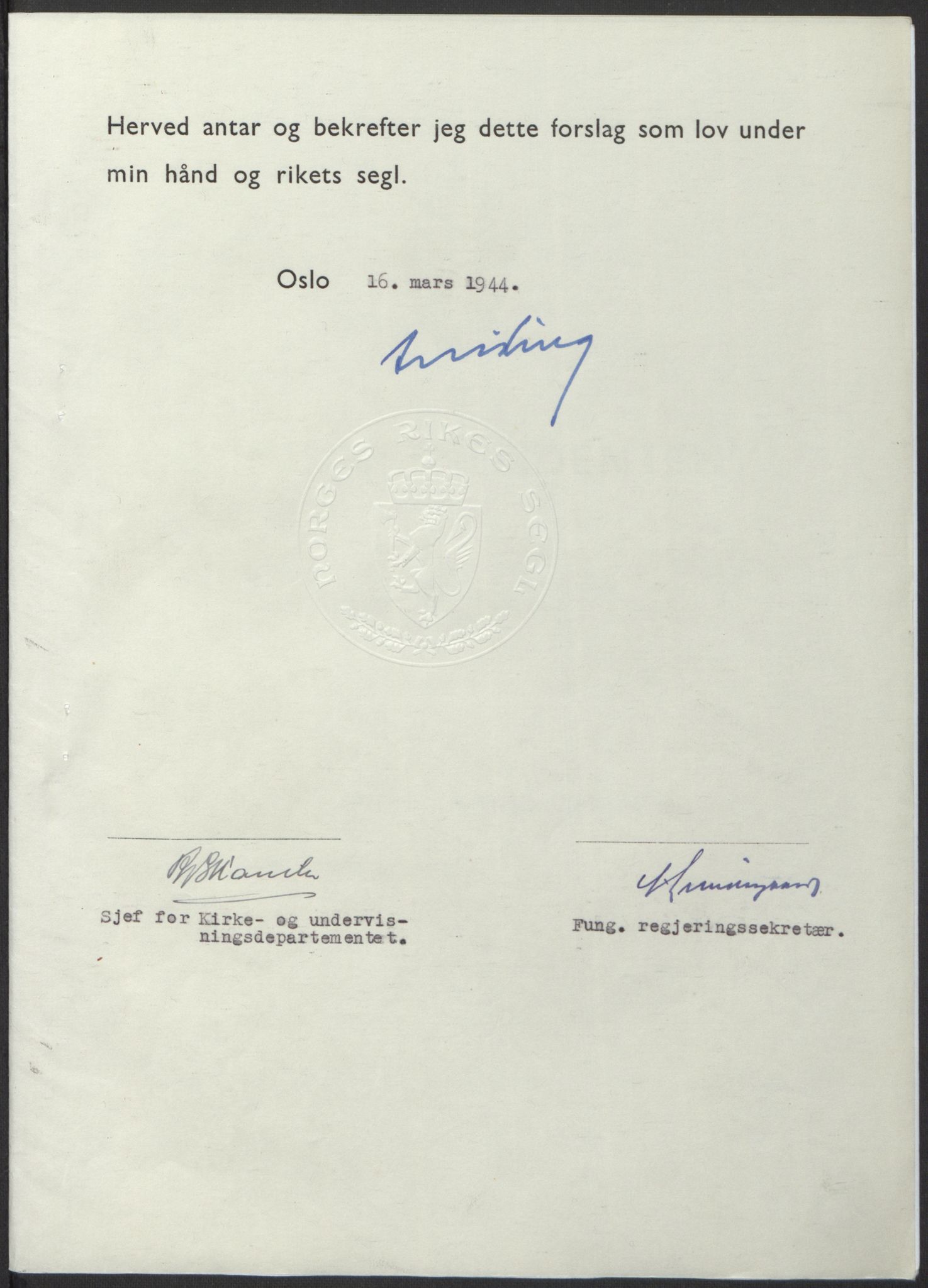 NS-administrasjonen 1940-1945 (Statsrådsekretariatet, de kommisariske statsråder mm), RA/S-4279/D/Db/L0100: Lover, 1944, s. 133