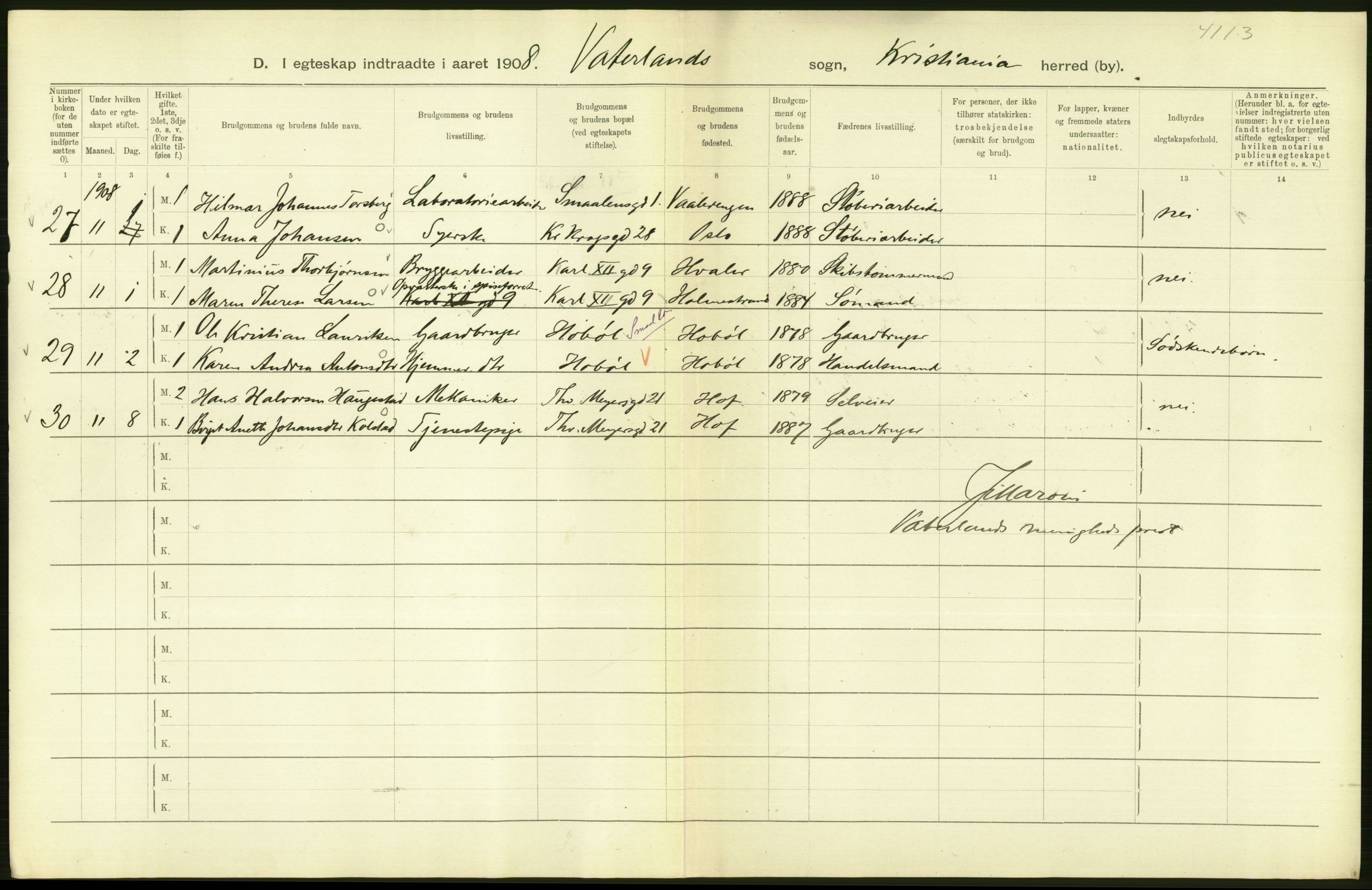 Statistisk sentralbyrå, Sosiodemografiske emner, Befolkning, AV/RA-S-2228/D/Df/Dfa/Dfaf/L0007: Kristiania: Gifte, 1908, s. 66