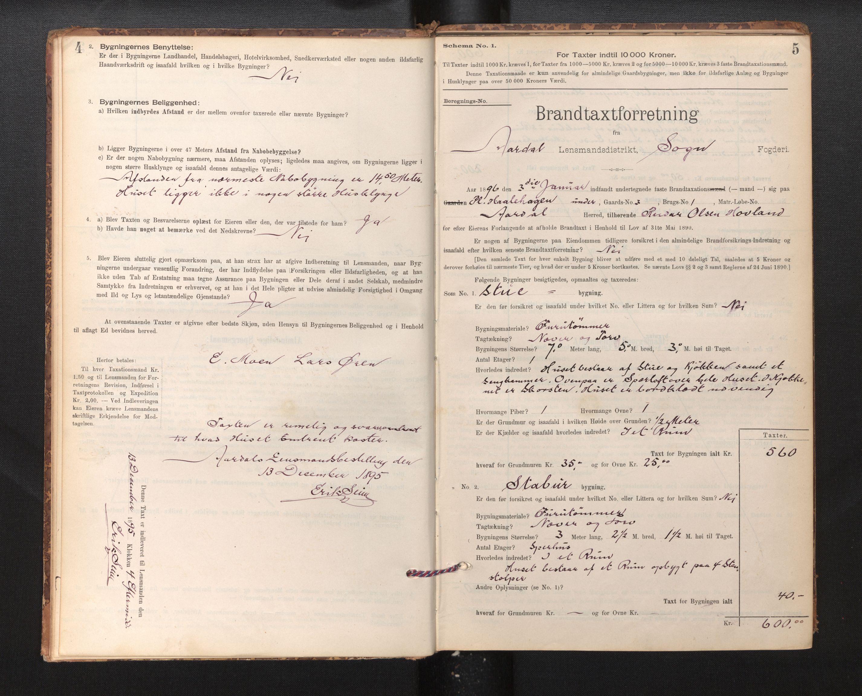 Lensmannen i Årdal, SAB/A-30501/0012/L0008: Branntakstprotokoll, skjematakst, 1895-1915, s. 4-5