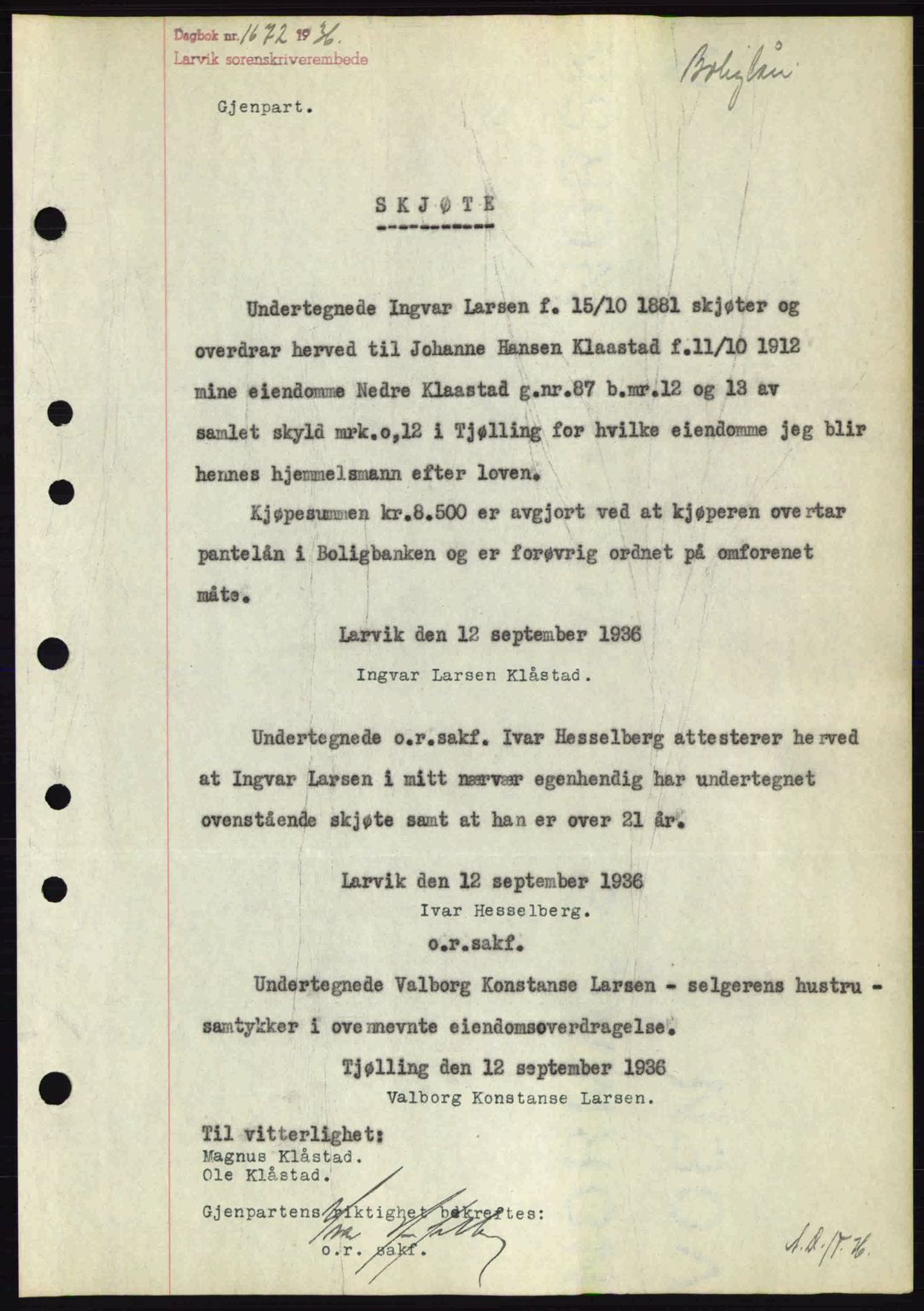 Larvik sorenskriveri, SAKO/A-83/G/Ga/Gab/L0067: Pantebok nr. A-1, 1936-1937, Dagboknr: 1672/1936