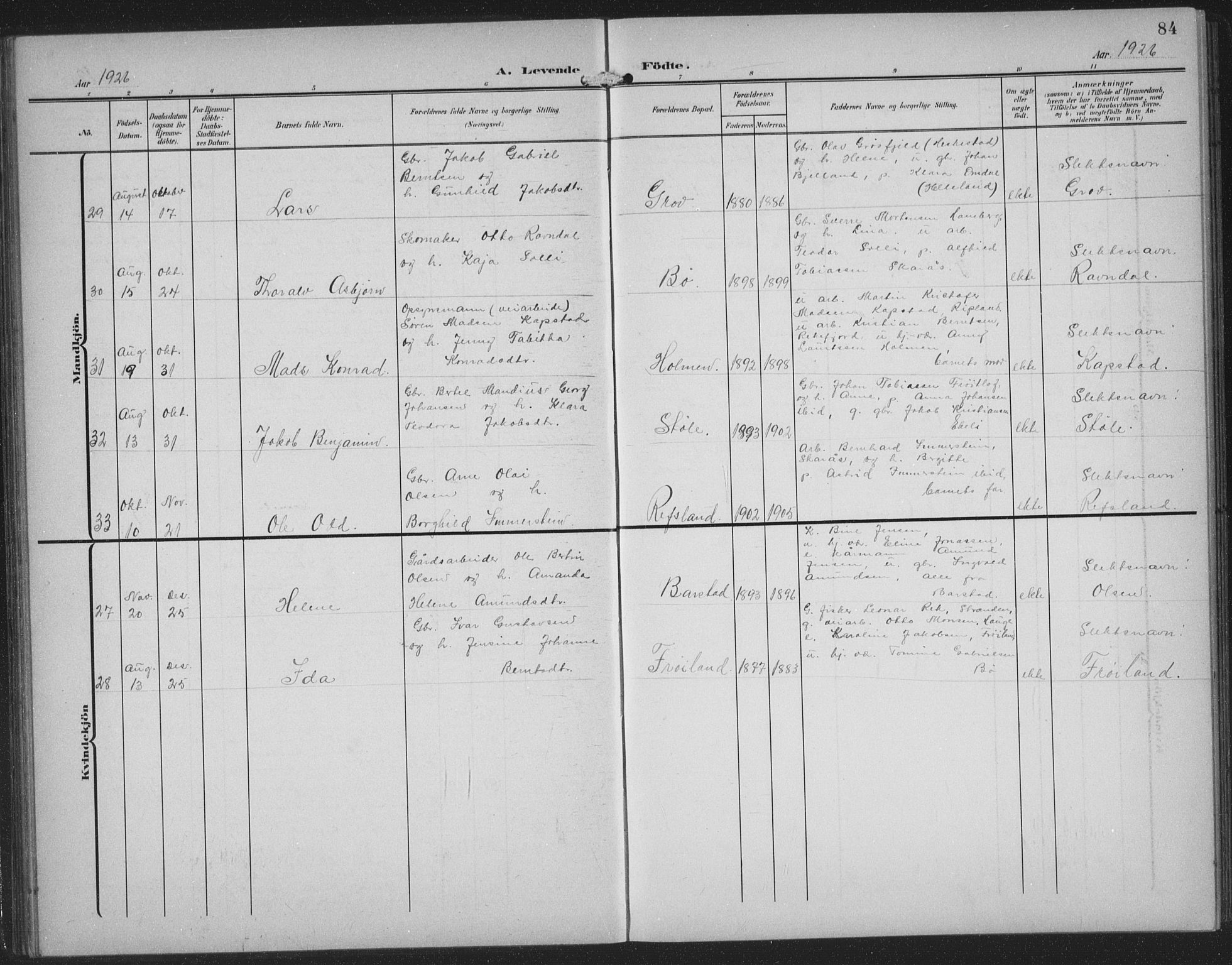 Sokndal sokneprestkontor, AV/SAST-A-101808: Klokkerbok nr. B 8, 1908-1934, s. 84