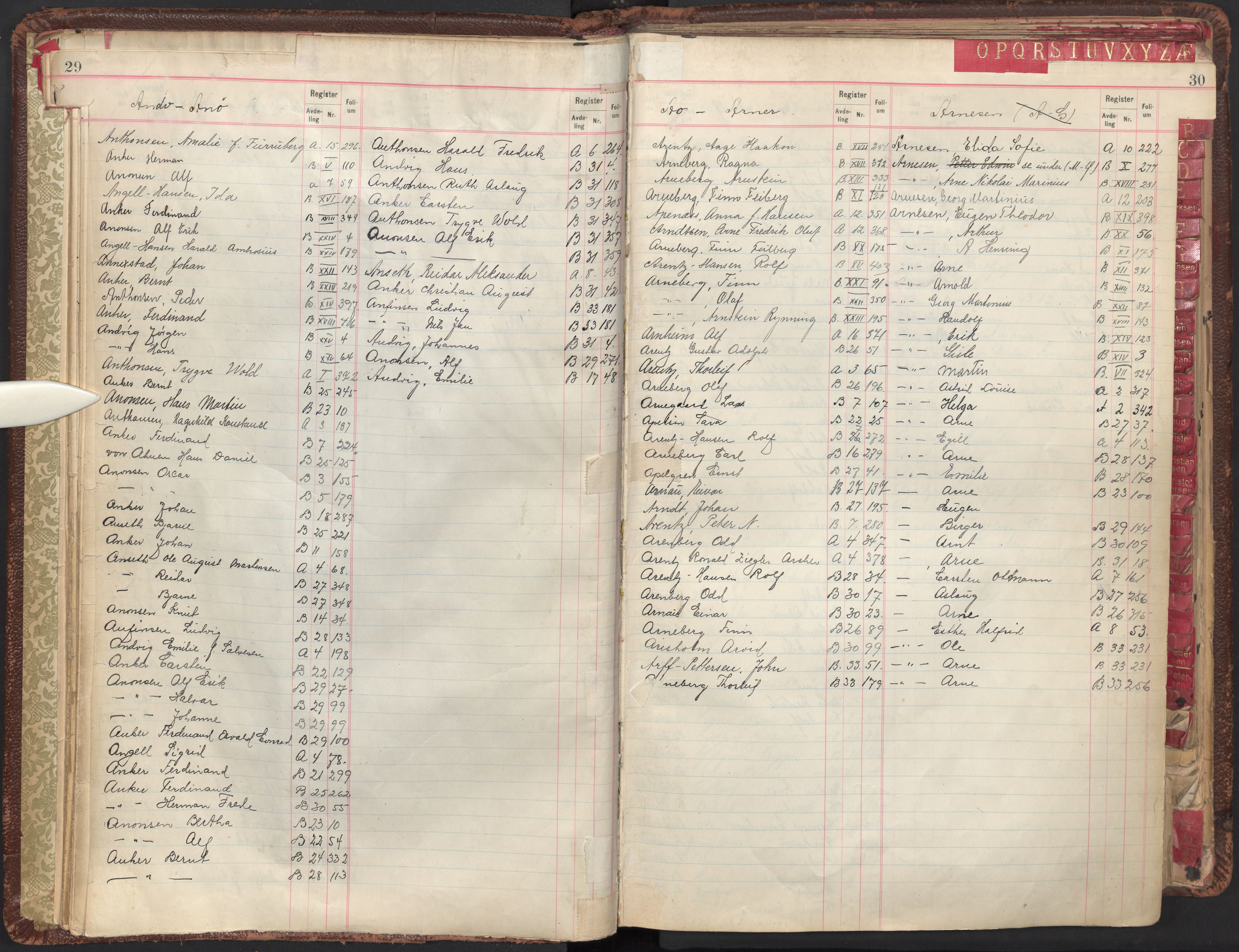 Oslo byfogd avd. II, AV/SAO-A-10942/G/Ga/Gab/L0003: Personregister: A 1-17, B 1-33, C 1-2, 1921, s. 29-30