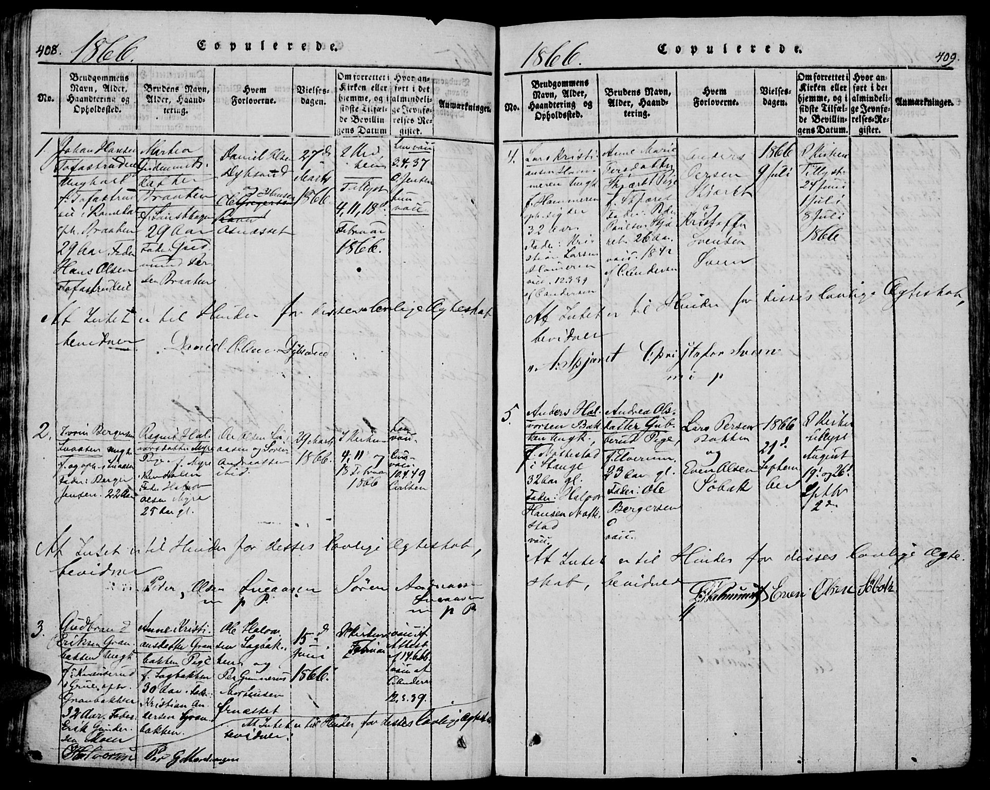 Trysil prestekontor, SAH/PREST-046/H/Ha/Hab/L0005: Klokkerbok nr. 5, 1814-1877, s. 408-409