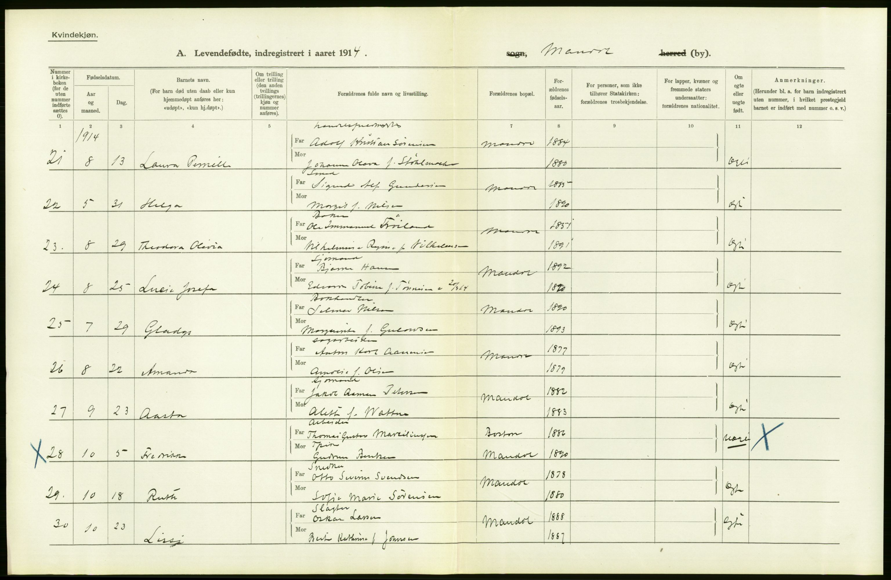 Statistisk sentralbyrå, Sosiodemografiske emner, Befolkning, AV/RA-S-2228/D/Df/Dfb/Dfbd/L0022: Lister og Mandals amt: Levendefødte menn og kvinner, samt gifte. Bygder og byer., 1914, s. 34