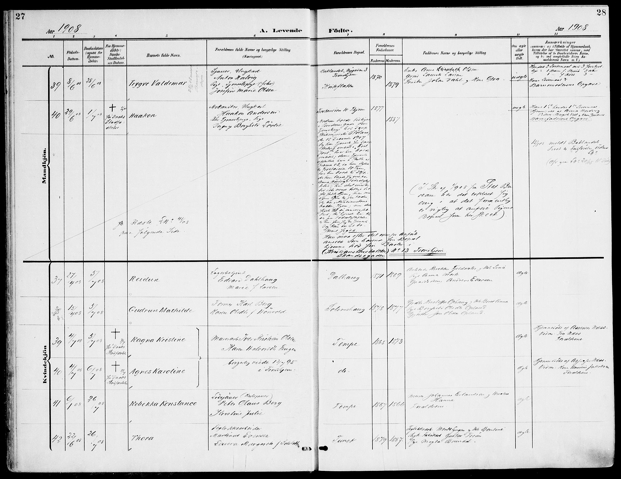 Ministerialprotokoller, klokkerbøker og fødselsregistre - Sør-Trøndelag, SAT/A-1456/607/L0320: Ministerialbok nr. 607A04, 1907-1915, s. 27-28