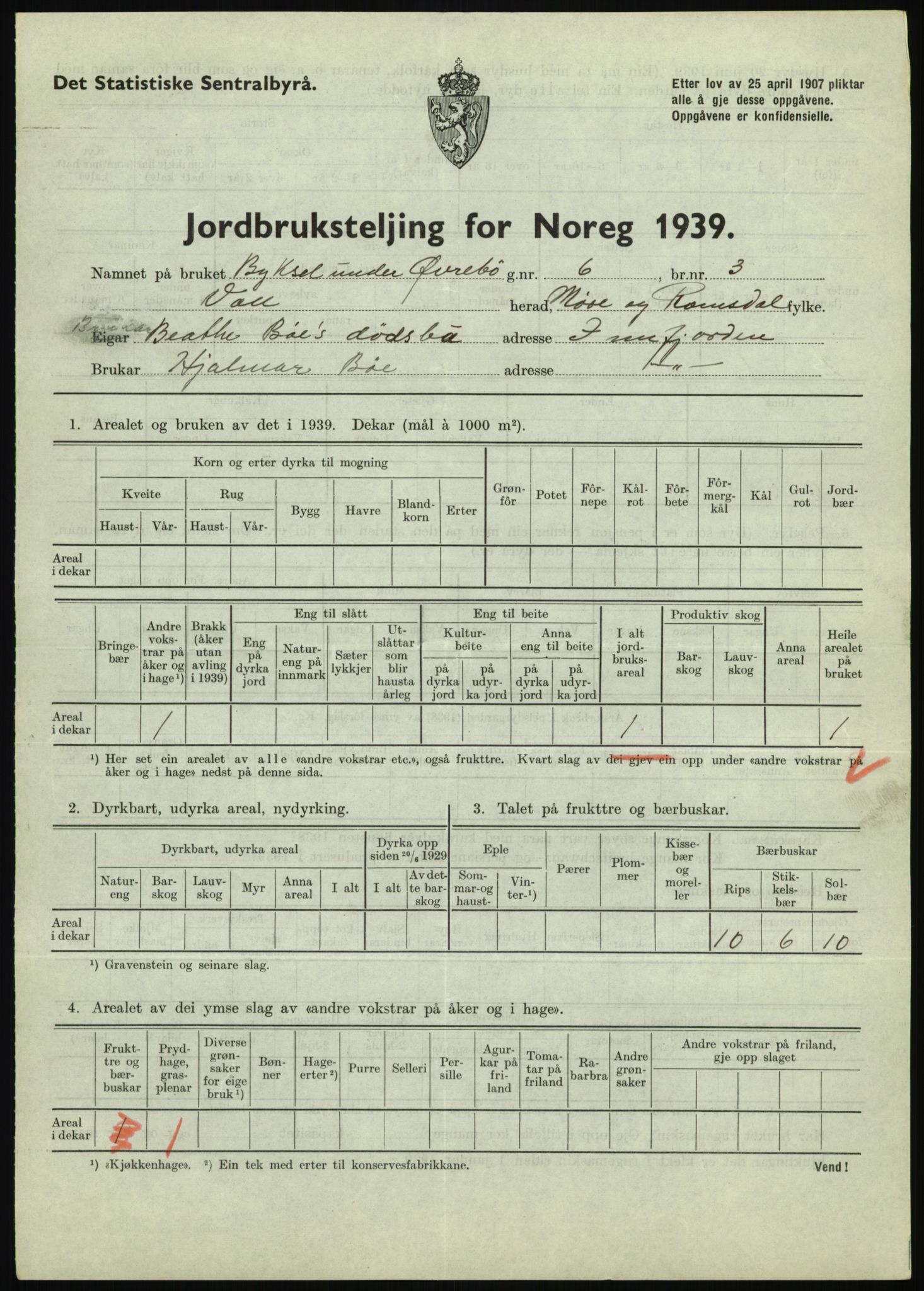 Statistisk sentralbyrå, Næringsøkonomiske emner, Jordbruk, skogbruk, jakt, fiske og fangst, AV/RA-S-2234/G/Gb/L0251: Møre og Romsdal: Voll, Eid, Grytten og Hen, 1939, s. 39