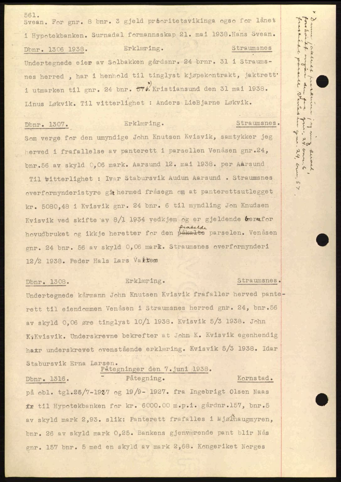 Nordmøre sorenskriveri, SAT/A-4132/1/2/2Ca: Pantebok nr. C80, 1936-1939, Dagboknr: 1306/1938