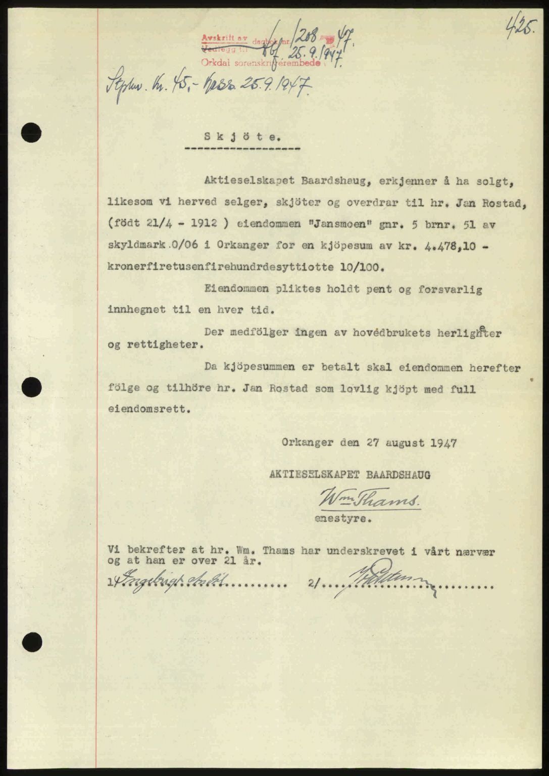 Orkdal sorenskriveri, SAT/A-4169/1/2/2C: Pantebok nr. A, 1947-1947, Dagboknr: 1208/1947