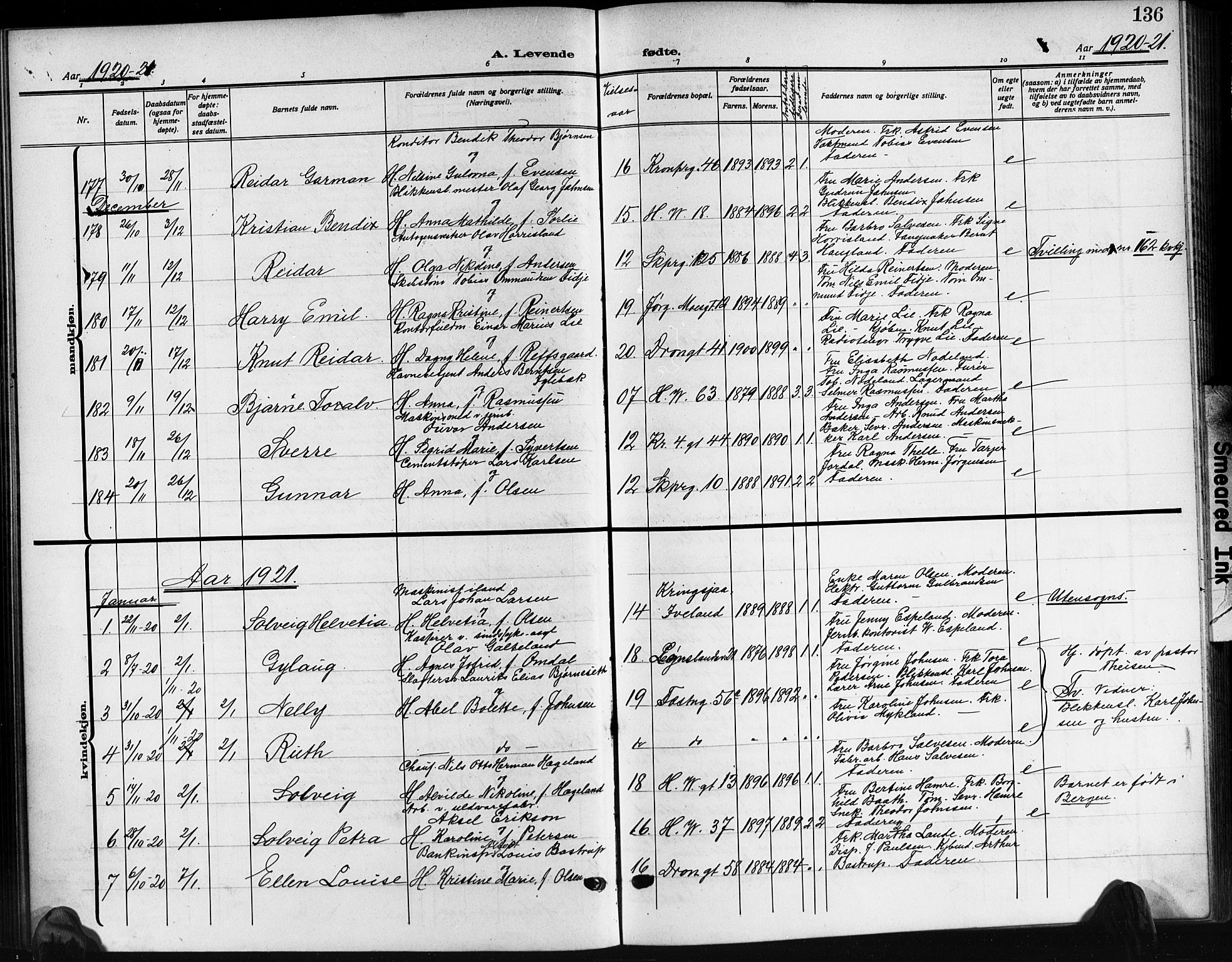 Kristiansand domprosti, AV/SAK-1112-0006/F/Fb/L0021: Klokkerbok nr. B 21, 1914-1923, s. 136