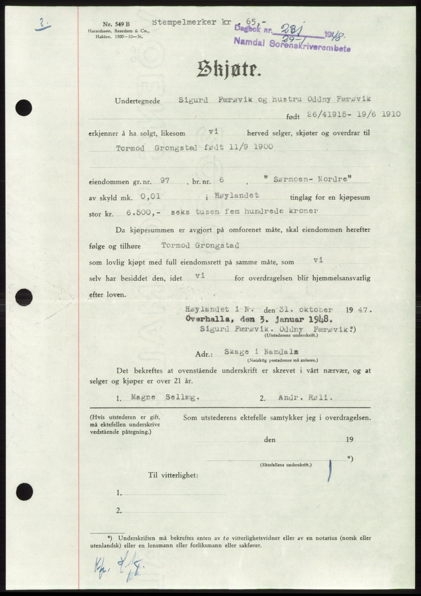 Namdal sorenskriveri, SAT/A-4133/1/2/2C: Pantebok nr. -, 1947-1948, Dagboknr: 231/1948