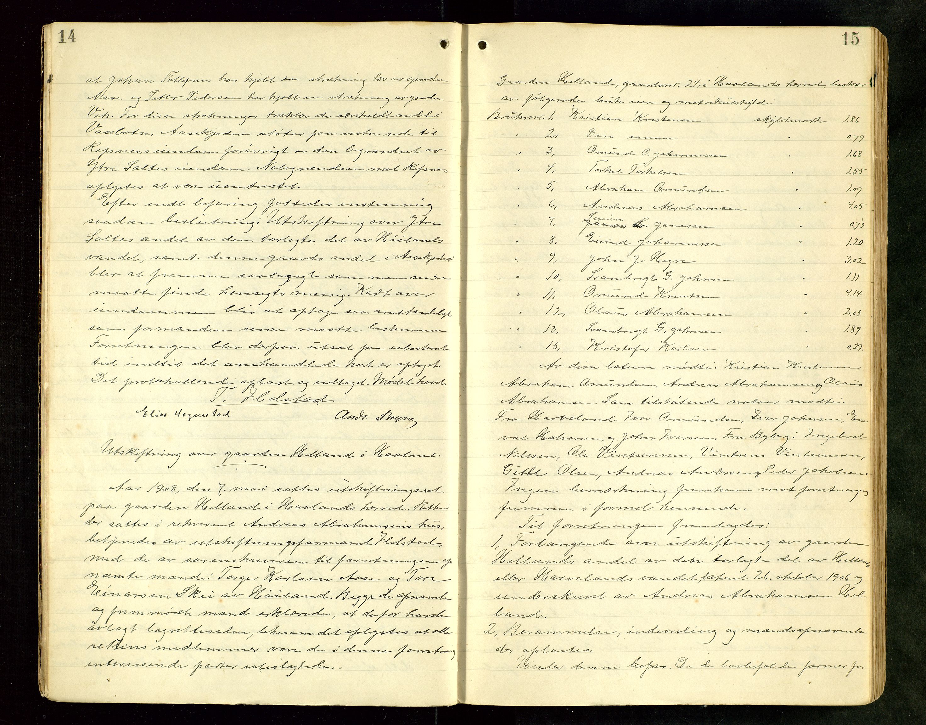 Rogaland jordskifterett, AV/SAST-A-102426/Oa/L0067: Forhandlingsprotokoll, 1908-1910, s. 14-15