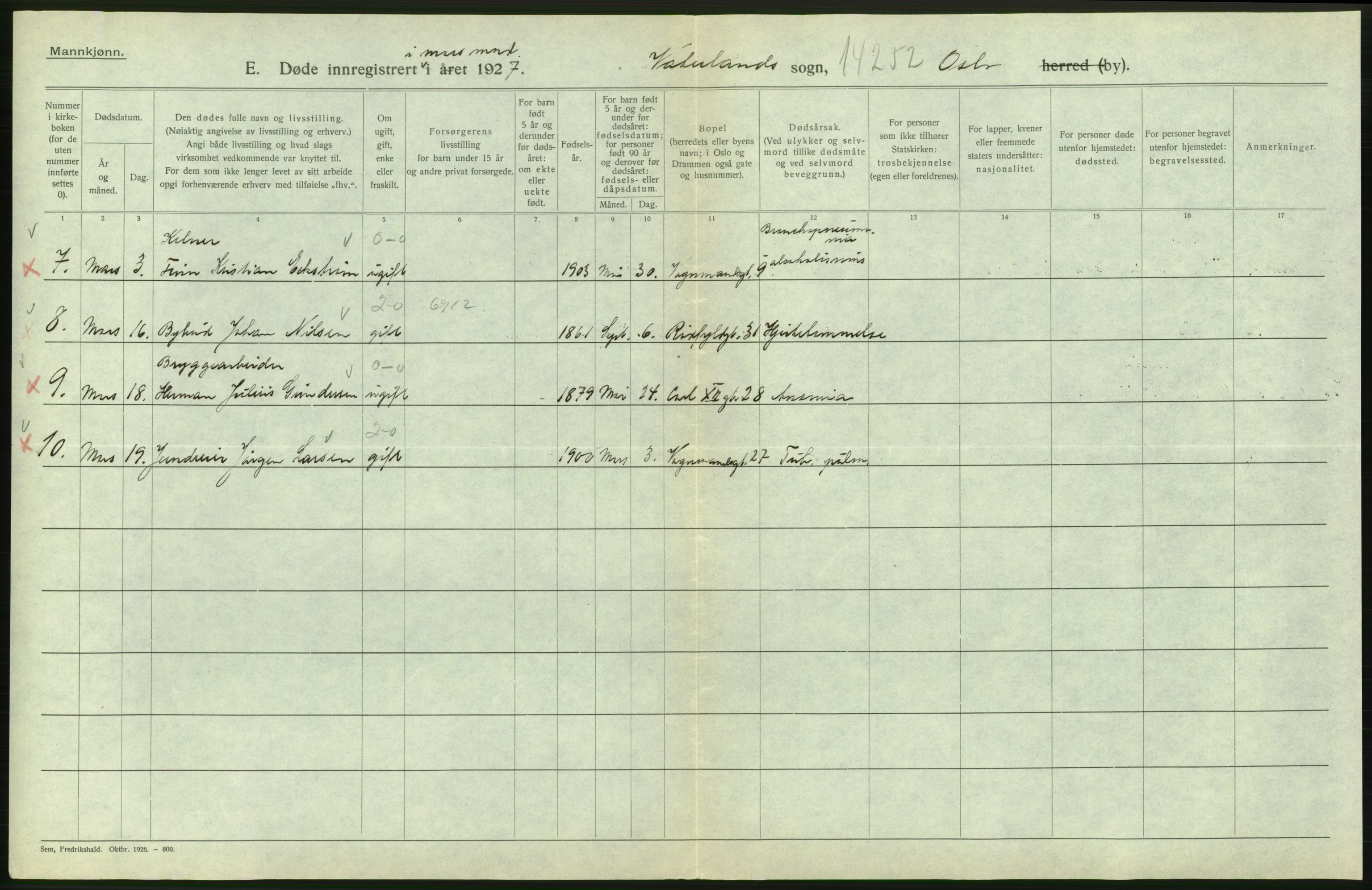 Statistisk sentralbyrå, Sosiodemografiske emner, Befolkning, AV/RA-S-2228/D/Df/Dfc/Dfcg/L0009: Oslo: Døde menn, 1927, s. 580